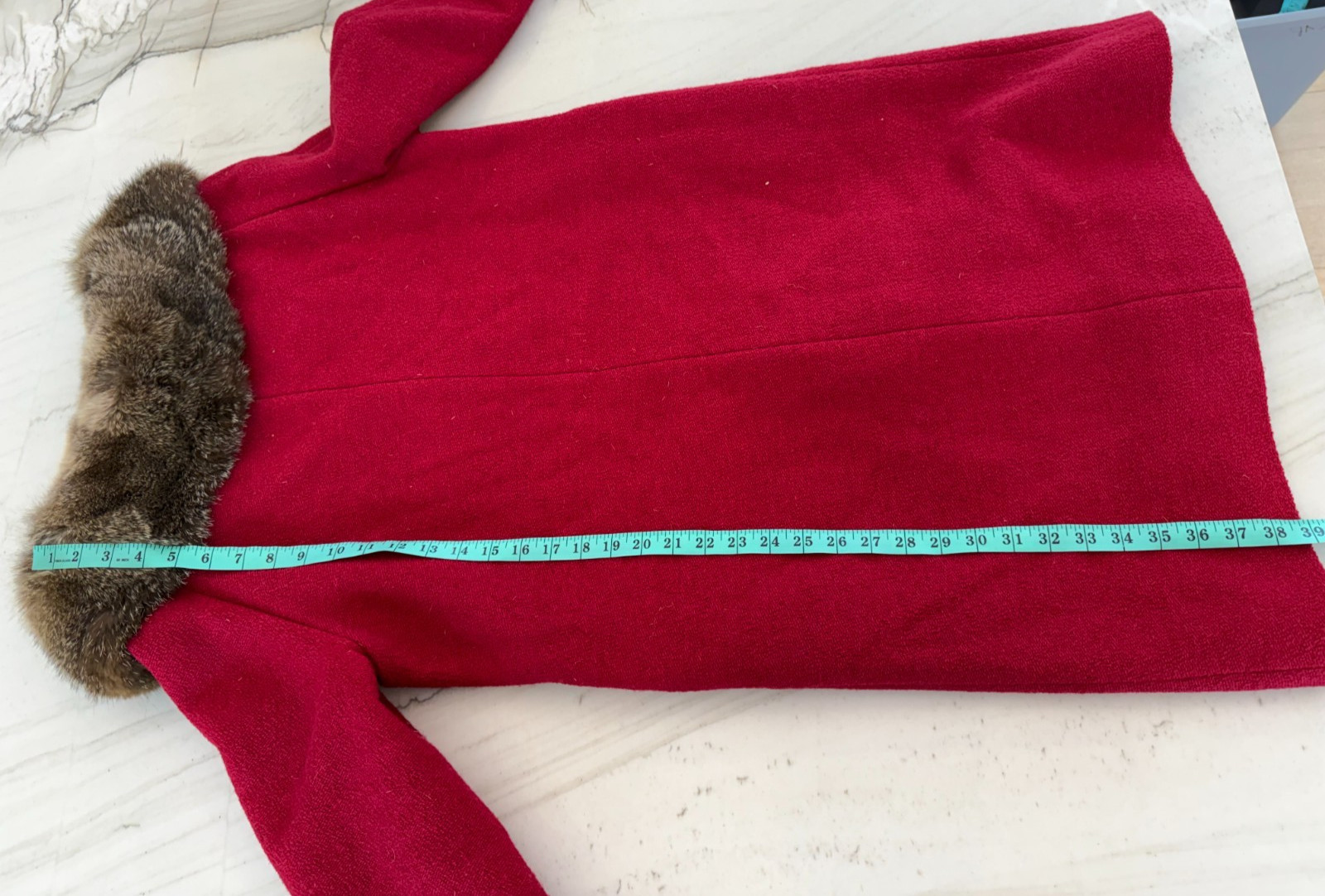 Vintage 1950s Shagmoor Cordonnet Bouclé Red Wool Swing Coat w/ Real Fur Collar