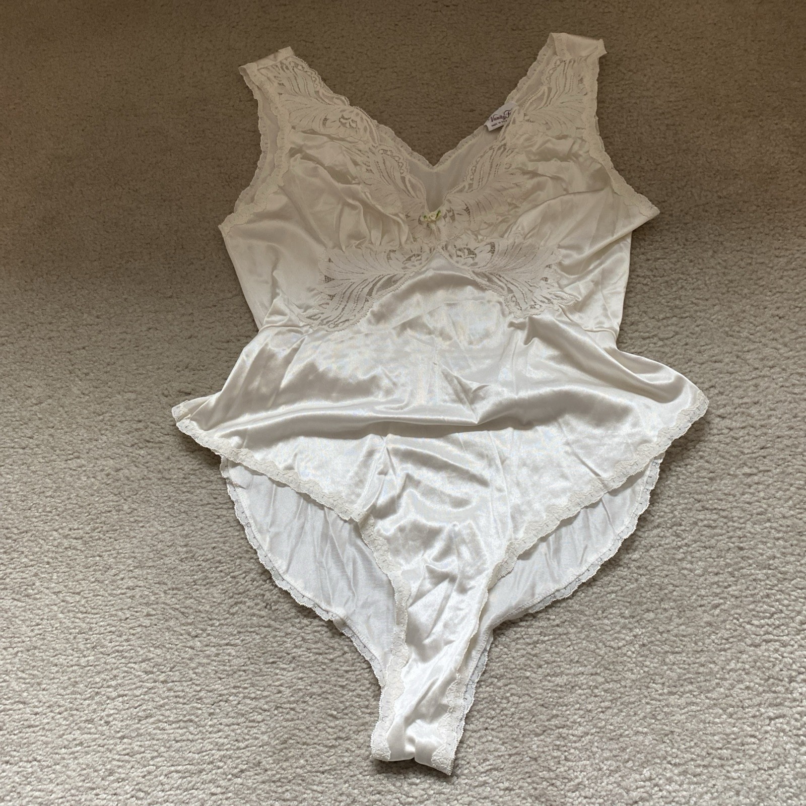 Vtg Vanity Fair Ivory Lace Teddy Bodysuit Small Nylon Sexy One Piece Lingerie