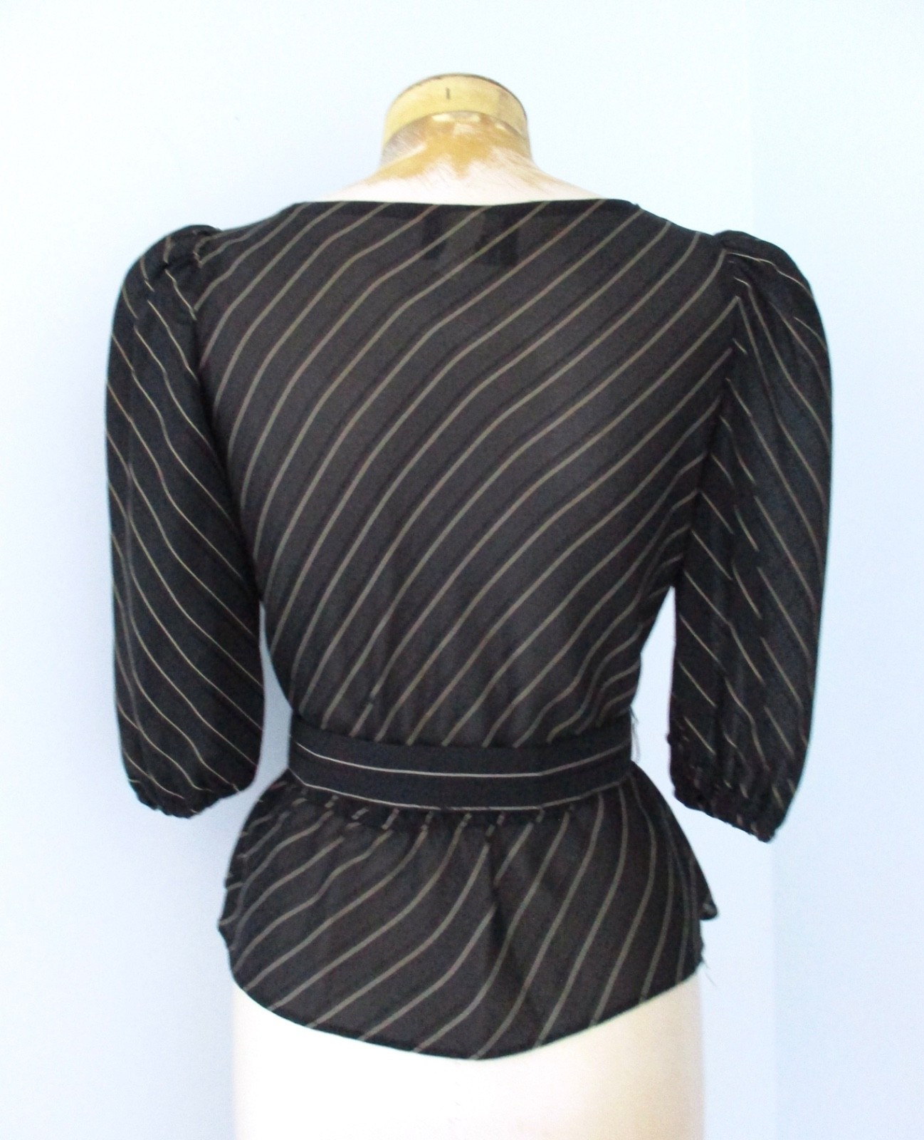 Vtg 70s 80s Black Pinstripe Semi Sheer 2-Pc Secretary Skirt Peplum Top Suit 5