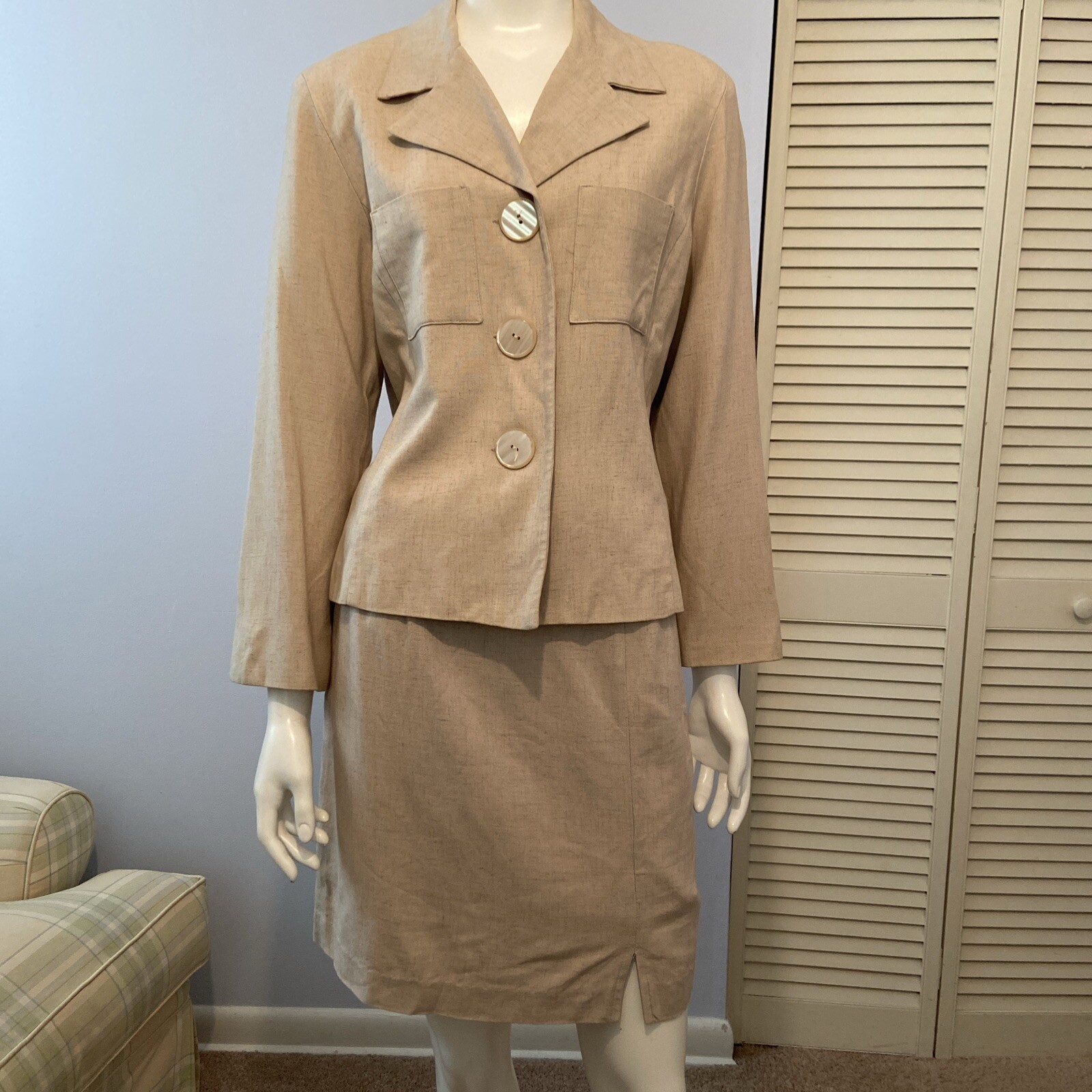 Gantos Vintage Beige Fitted Blazer & Skirt 2 Piece Suits Pockets Lined Sz 10