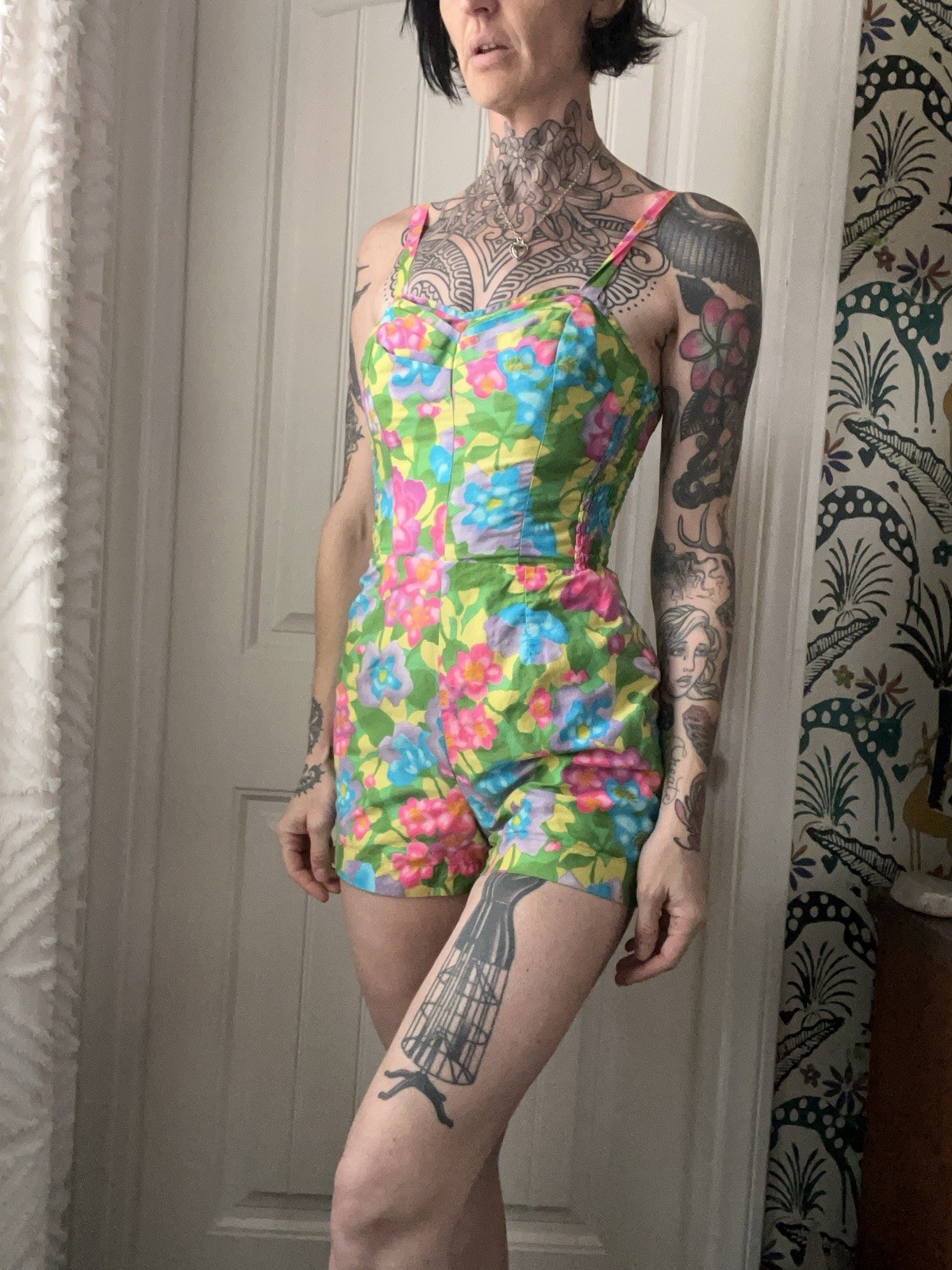 Vtg 50s Marjy Stevens Kahala Floral Cotton Hawaiian Playsuit Romper Swimsuit S