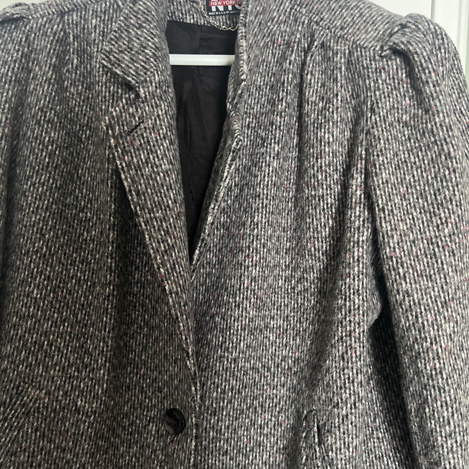 Vintage Herringbone Tweed Wool Blend Coat NY girl Gray White Union Made USA