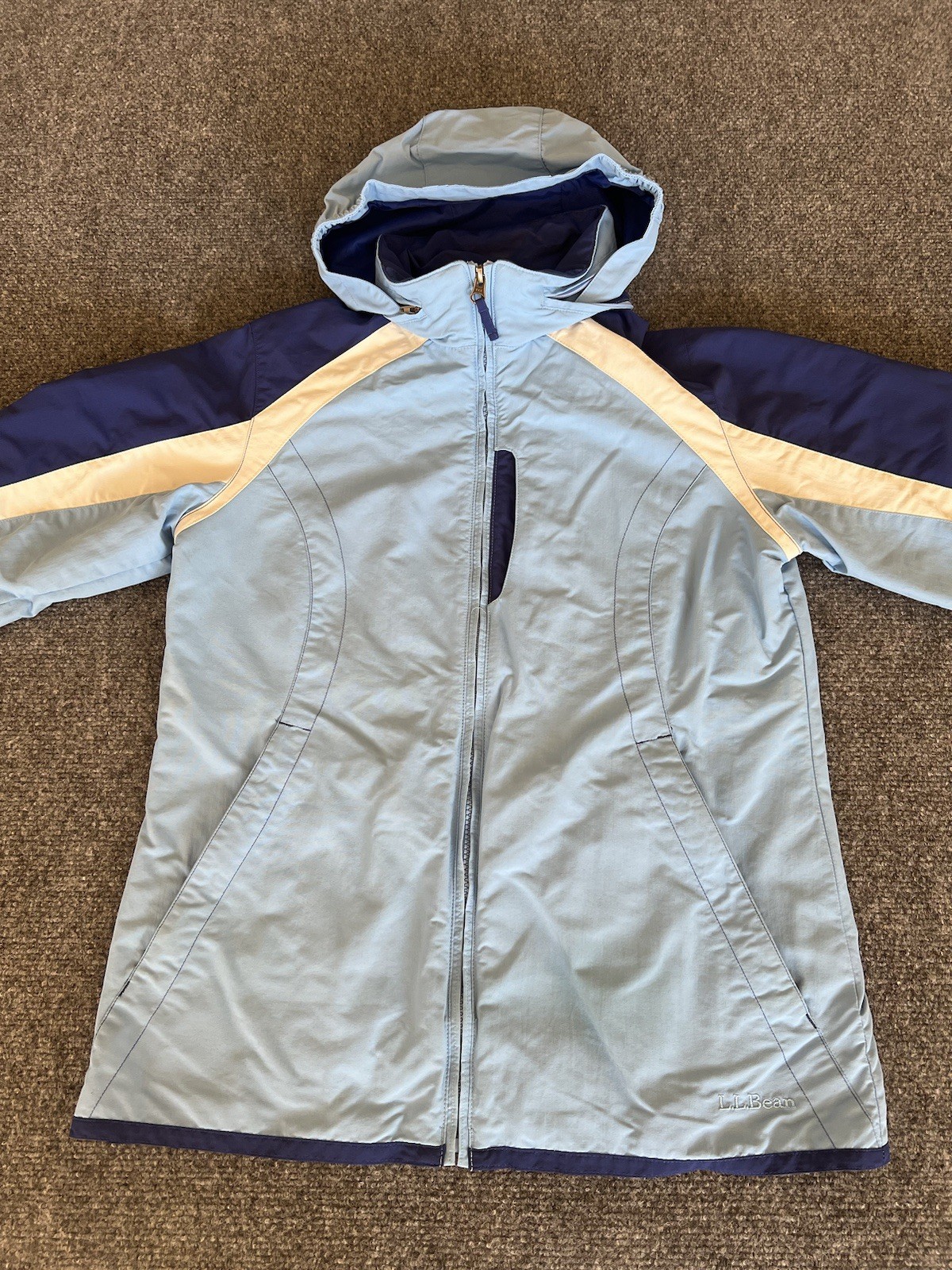 L.L. Bean VTG Womens Jacket Windbreaker 2-Tone Blue Packable Hood Nylon Large