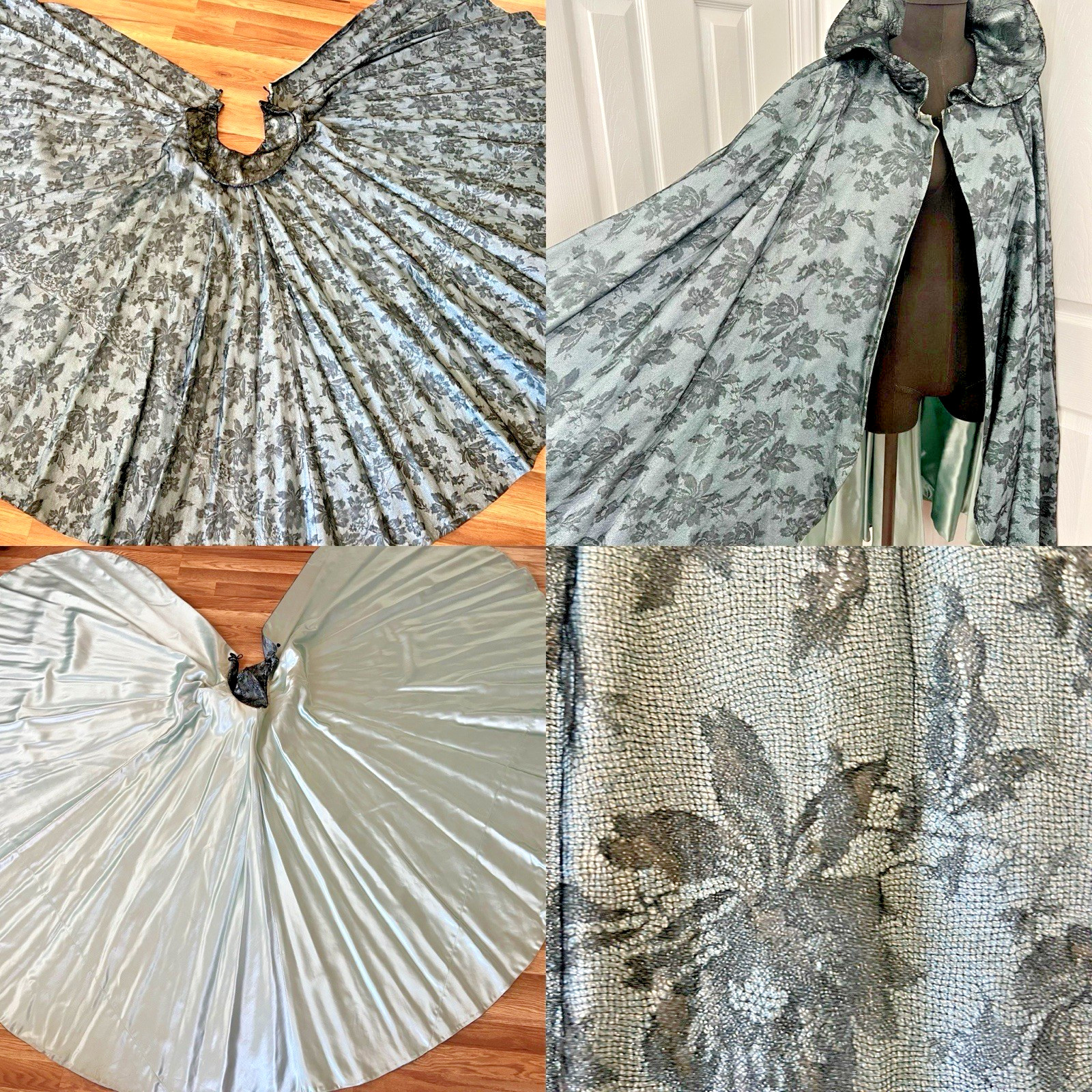 VTG 1960’s Blue Black Satin Floral Metal Lace Opera Cape Coat Cloak 18′ SWEEP