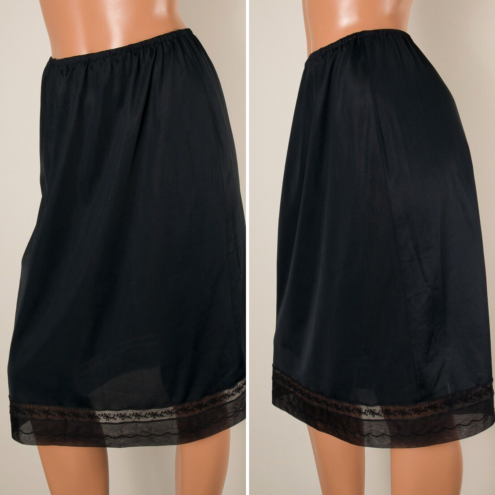 💖 MUNSINGWEAR Black Nylon Half Slip Skirt Eyelet Embroidered Chiffon Lace M