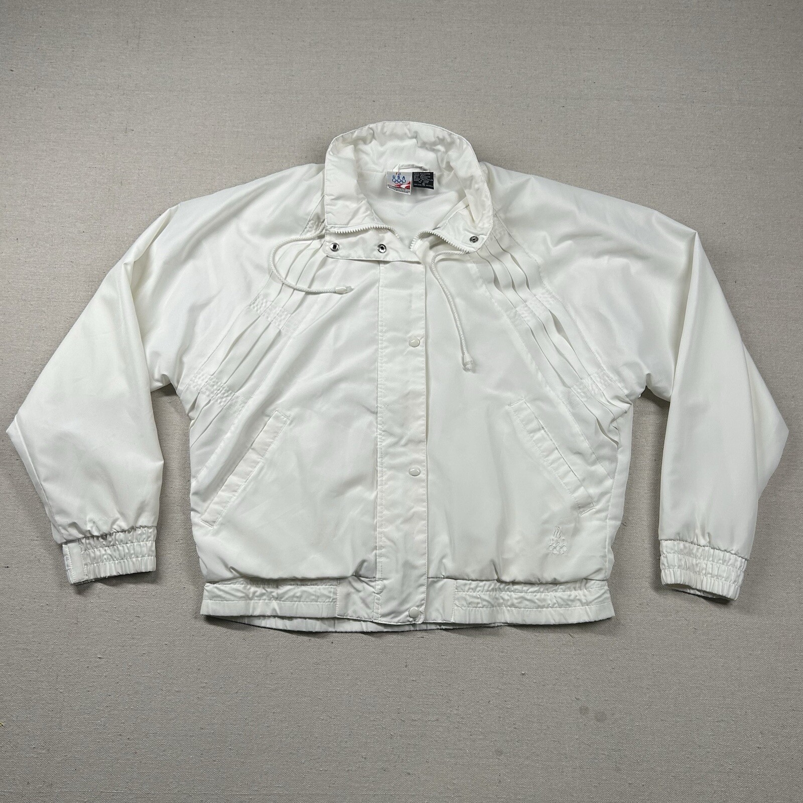 Vintage JC Penny Jacket Womens M Olypics USA Embroidery Pleated Solid White 80s