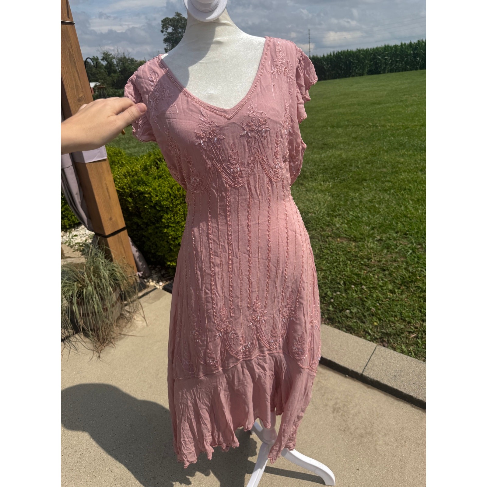 Vtg Y2K Papillon Dress L Pink Beaded Sequin Flutter Sleeve Midi Handkerchief
