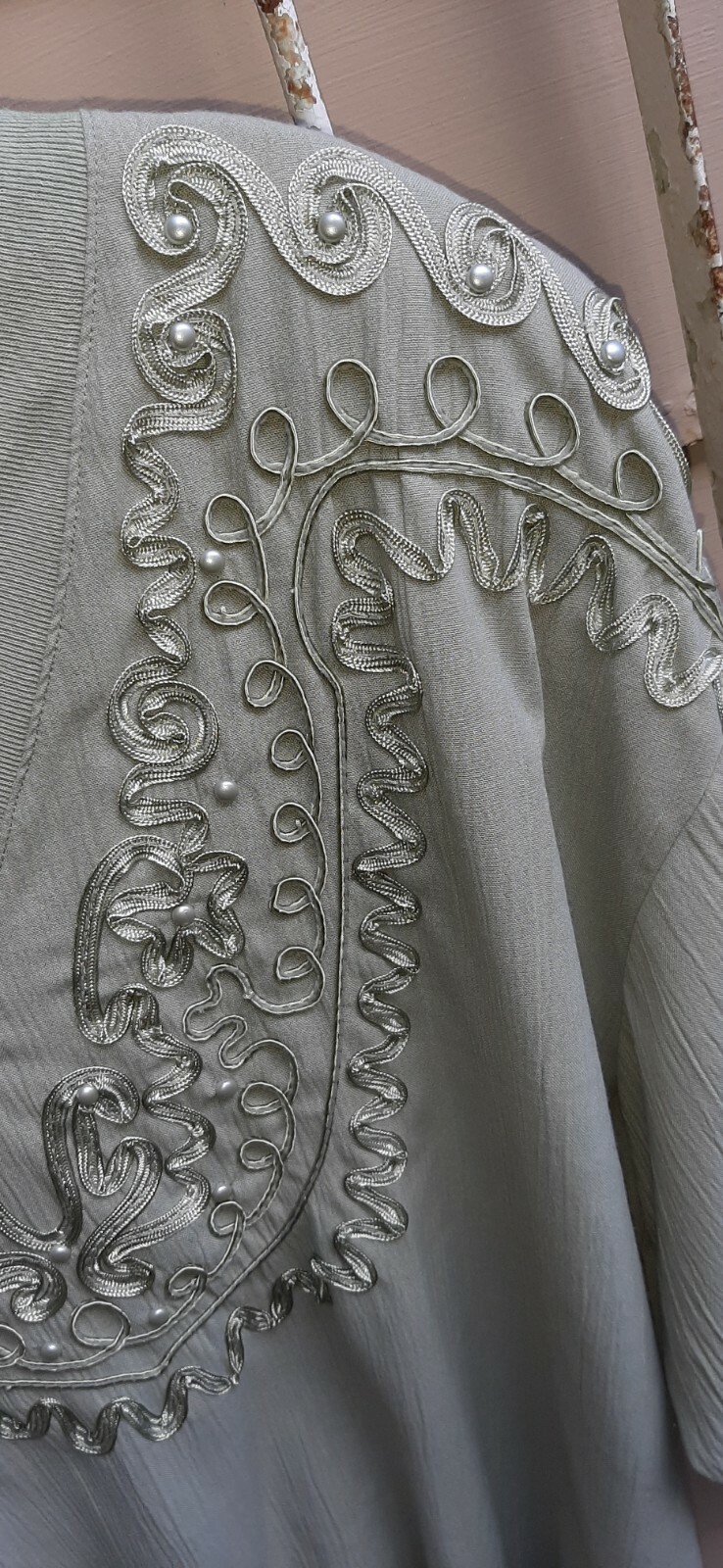 Vintage 80s Womens Top By Adolfo Sport Sage W/ Pearls & ribbon Bodice