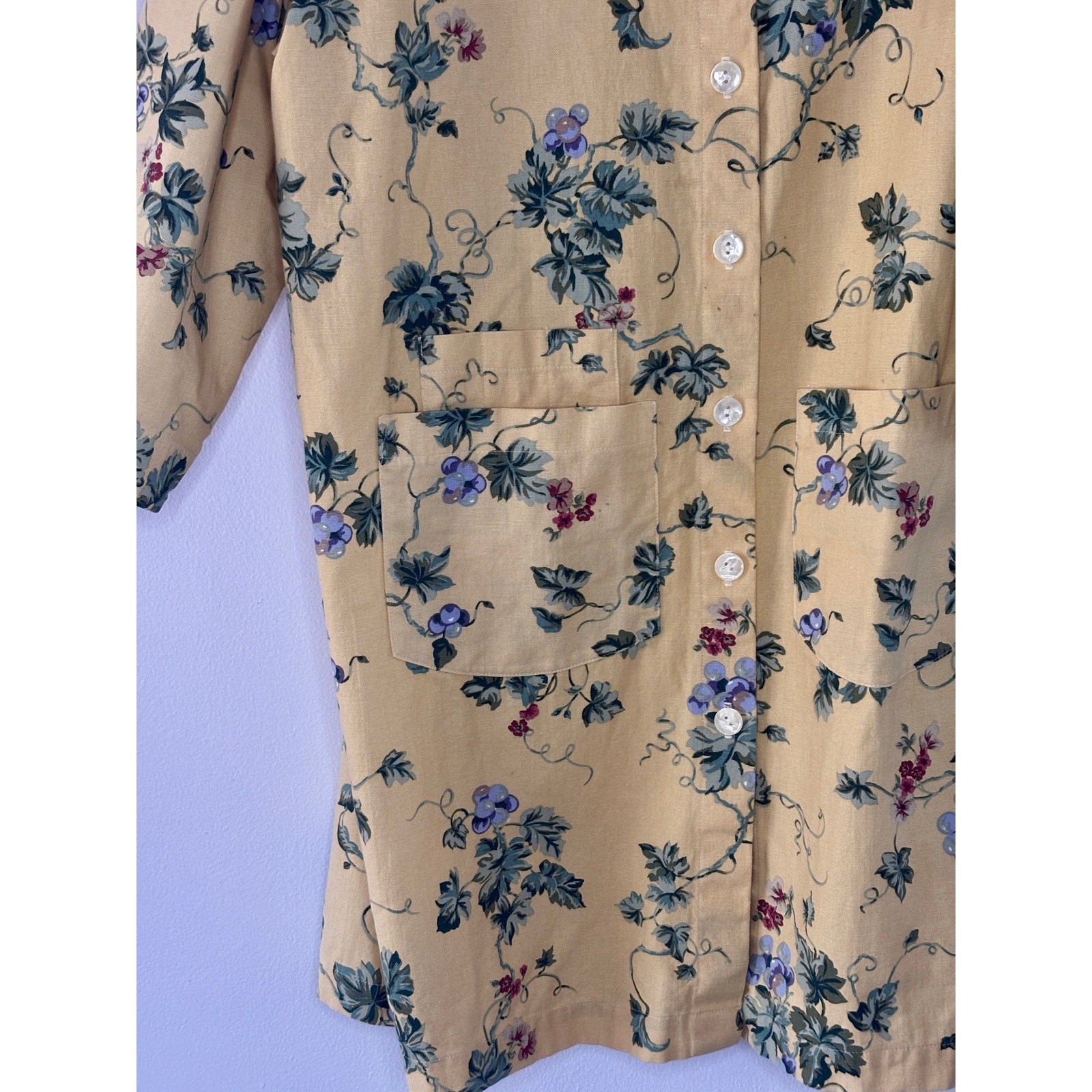 Vintage 1980s Gianna Rose Butter Yellow Floral Tunic Smock Chore Coat Artist S