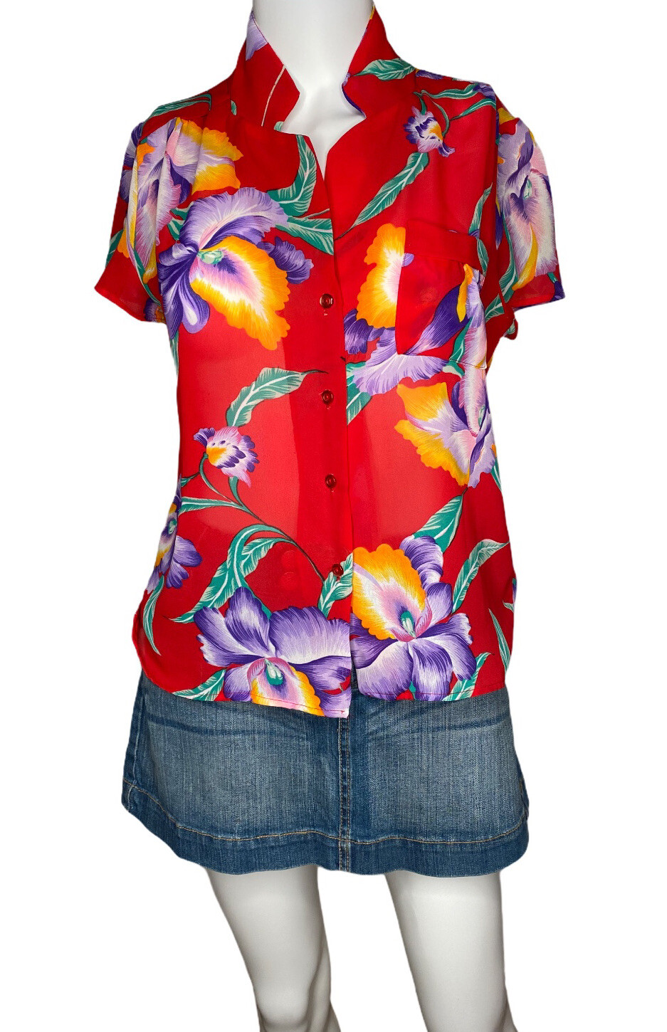 Vintage Colorful See Through women’s size Medium hawaiian Summer Floral Print