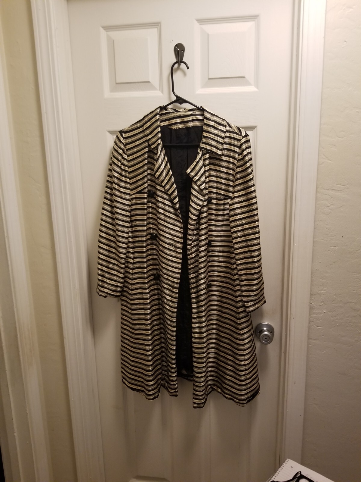 Vintage Retro Cool Mod 1960’s Striped Black and White Satin Coat front pockets
