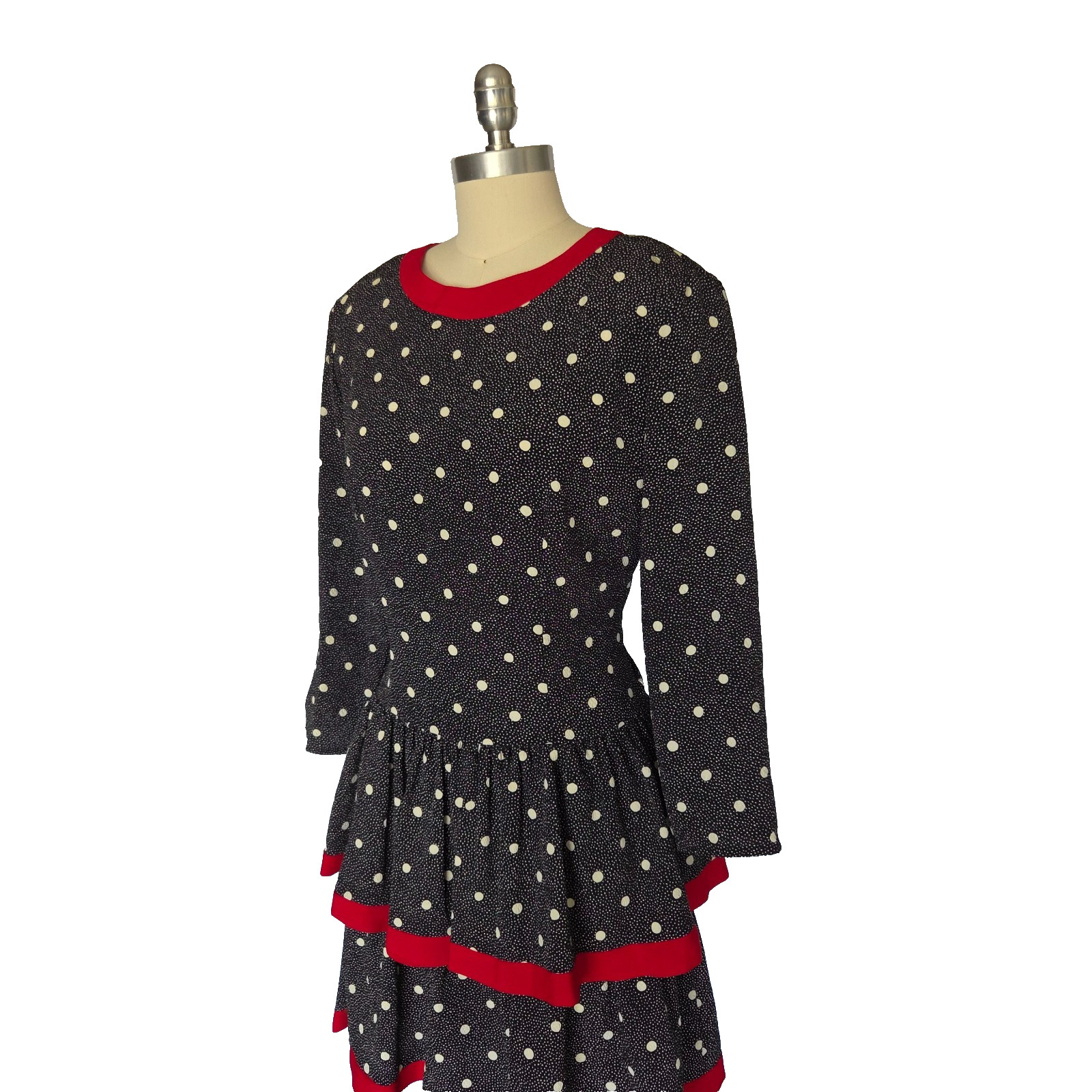 Vintage 80s Polka Dot Mini Dress Size M 8 Black Red Tiered Skirt Long Sleeve