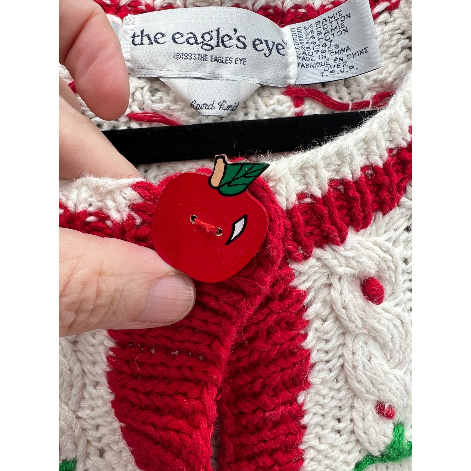 Vintage The Eagle’s Eye Hand Knit Teacher School Cardigan Sweater Cream Red 1993