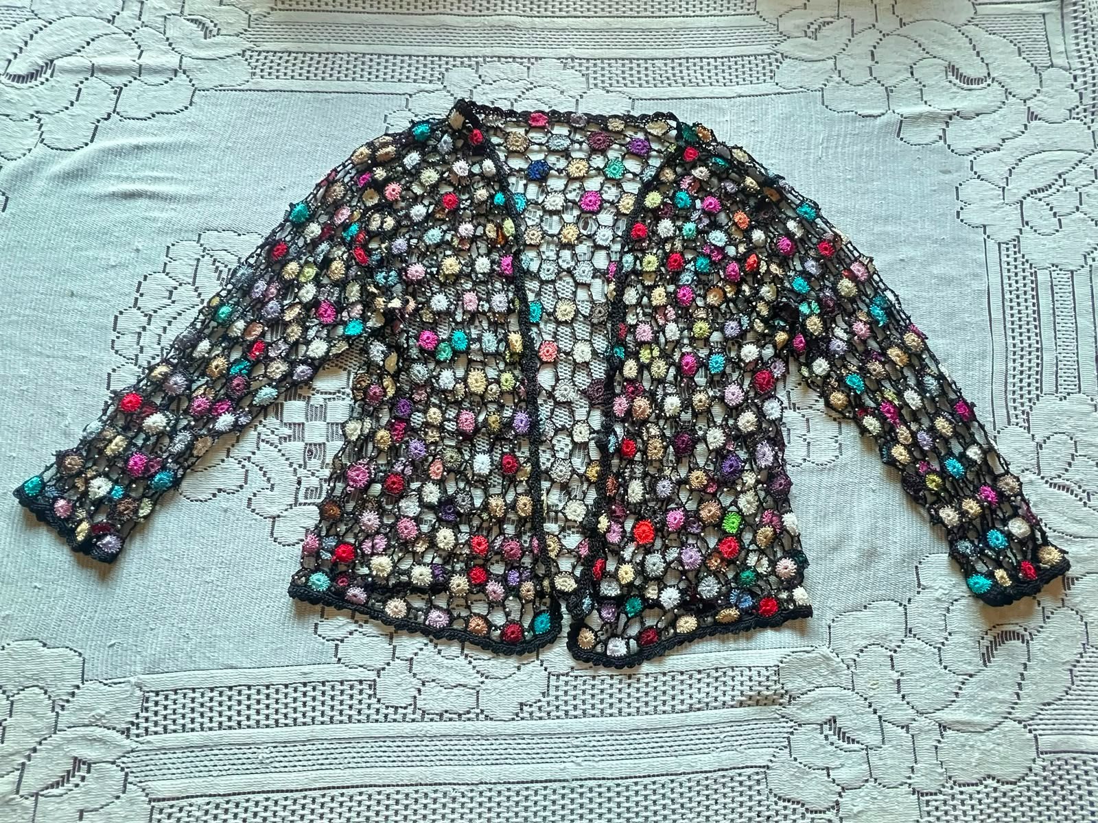 Vintage Handmade Crochet Cardigan Colorful Boho Open Front Jacket Shrug Summer