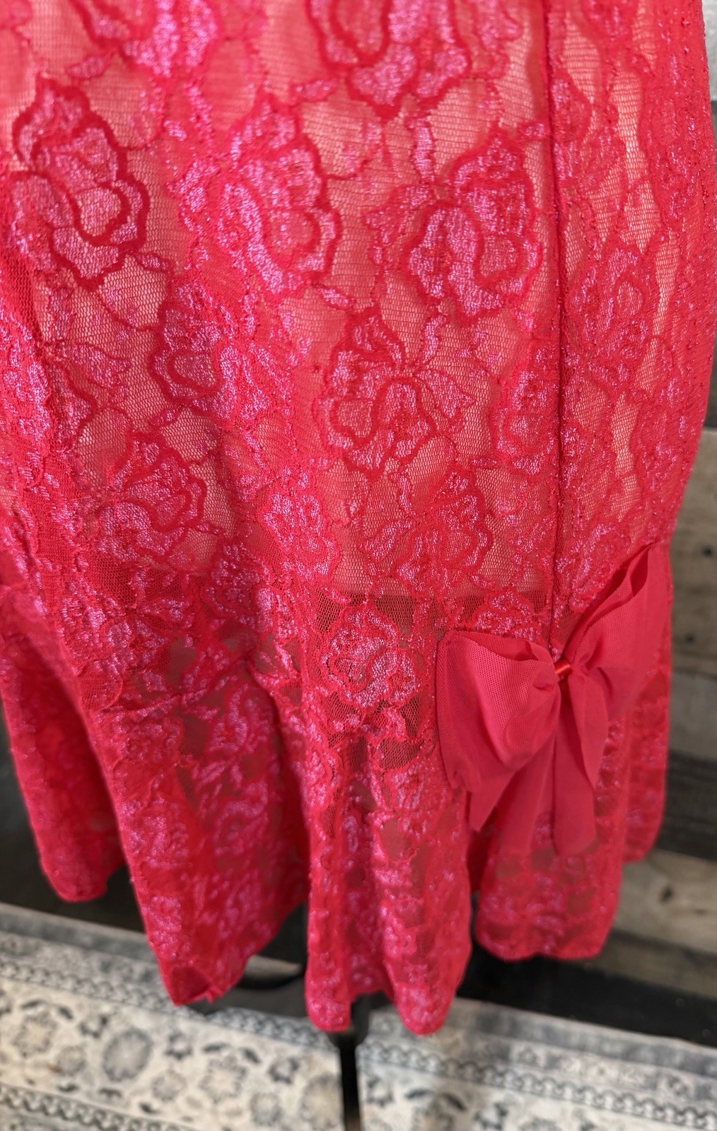 Vtg Red Bow Ruffle Bra Top Babydoll Dress Lace Stretch Lingerie Small New