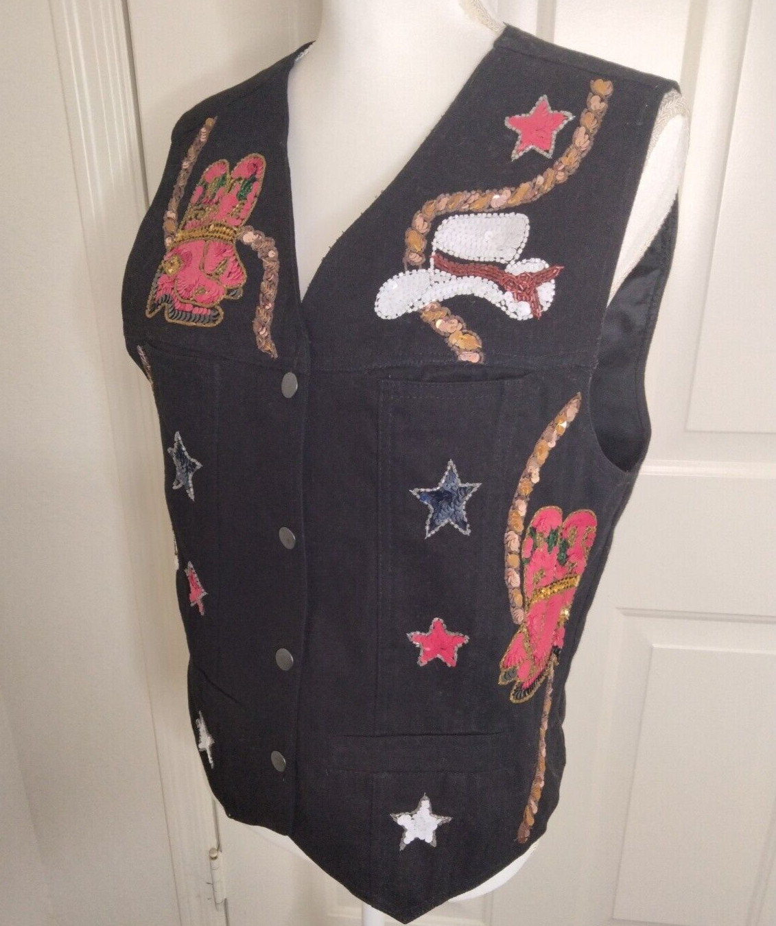 Modi Black Denim with Western Sequin Boots Cowboy Hat Stars Vest Size Medium