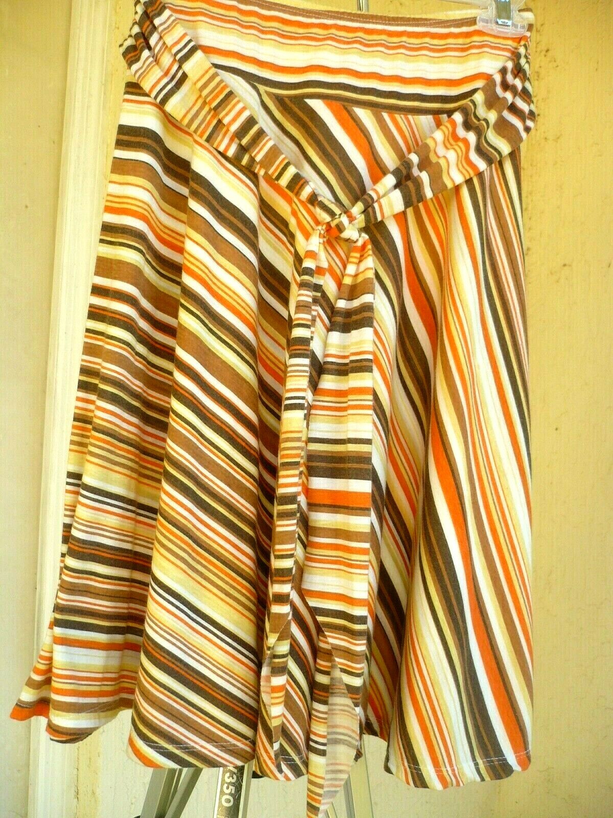 VTG JULIES CLOSET S M ORANGE BROWN STRIPED HIPPY TIE BELT SKATER SOFT SKIRT LADY