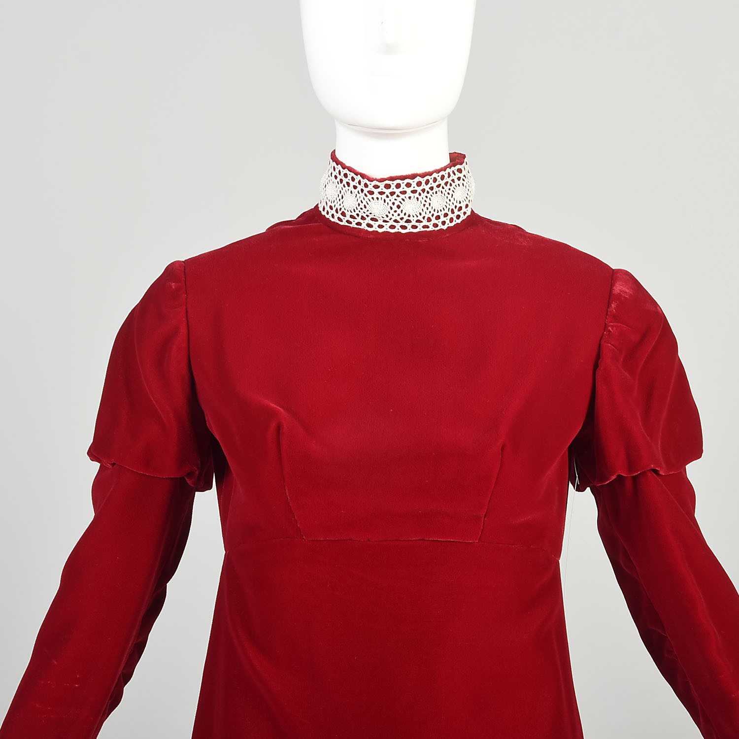 XS 1970s Red Velvet Dress Long Juliet Sleeve Empire Waist Lace Trim Formal Maxi