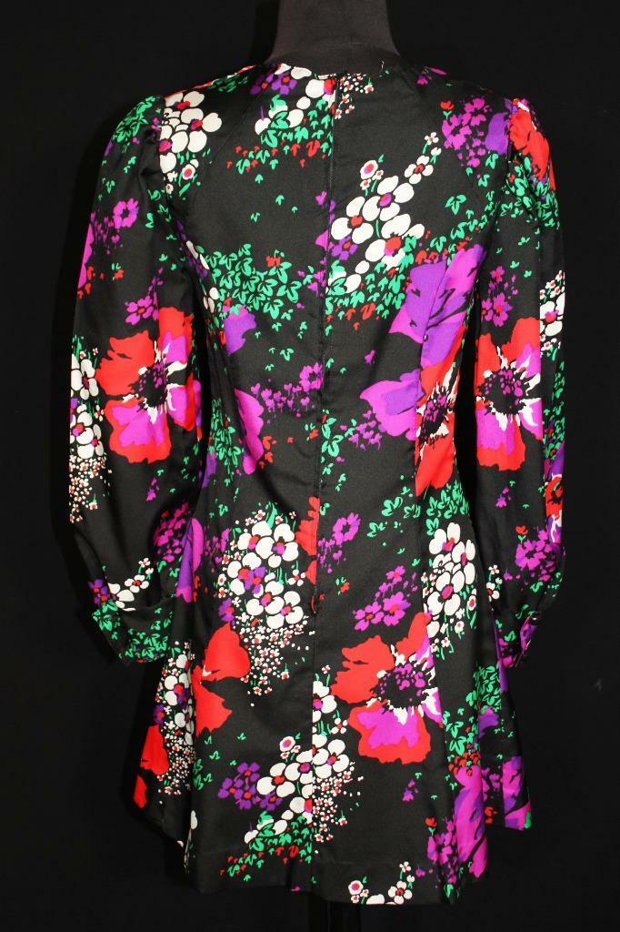 VINTAGE FRENCH 1980’S BLACK COLORFUL FLORAL PRINT MINI DRESS SIZE 6