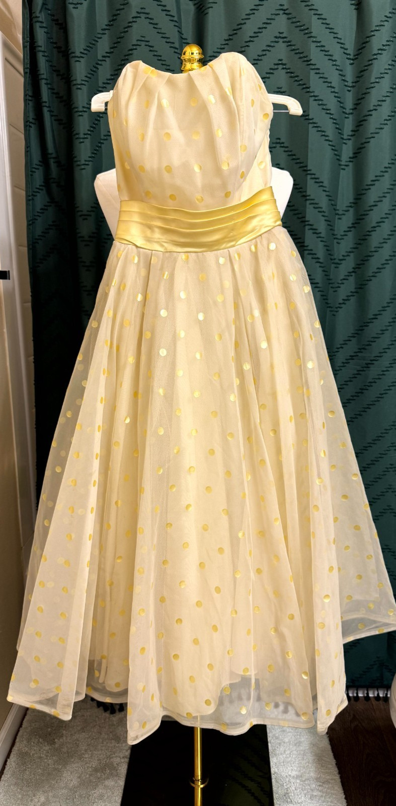 Vintage 1950s White Dress Yellow Polka Dots Tulle Chiffon Union Made