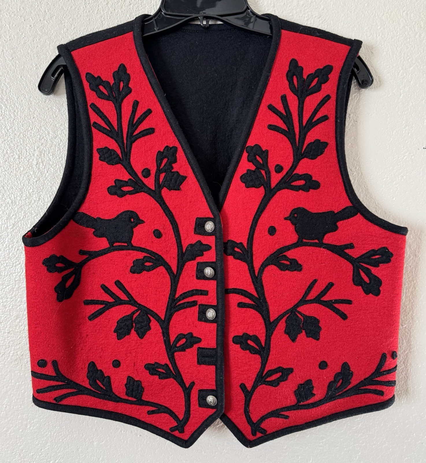 Women’s Vintage Wool Blend Felt Folk Art Bird Vine Pattern Lightweight Vest