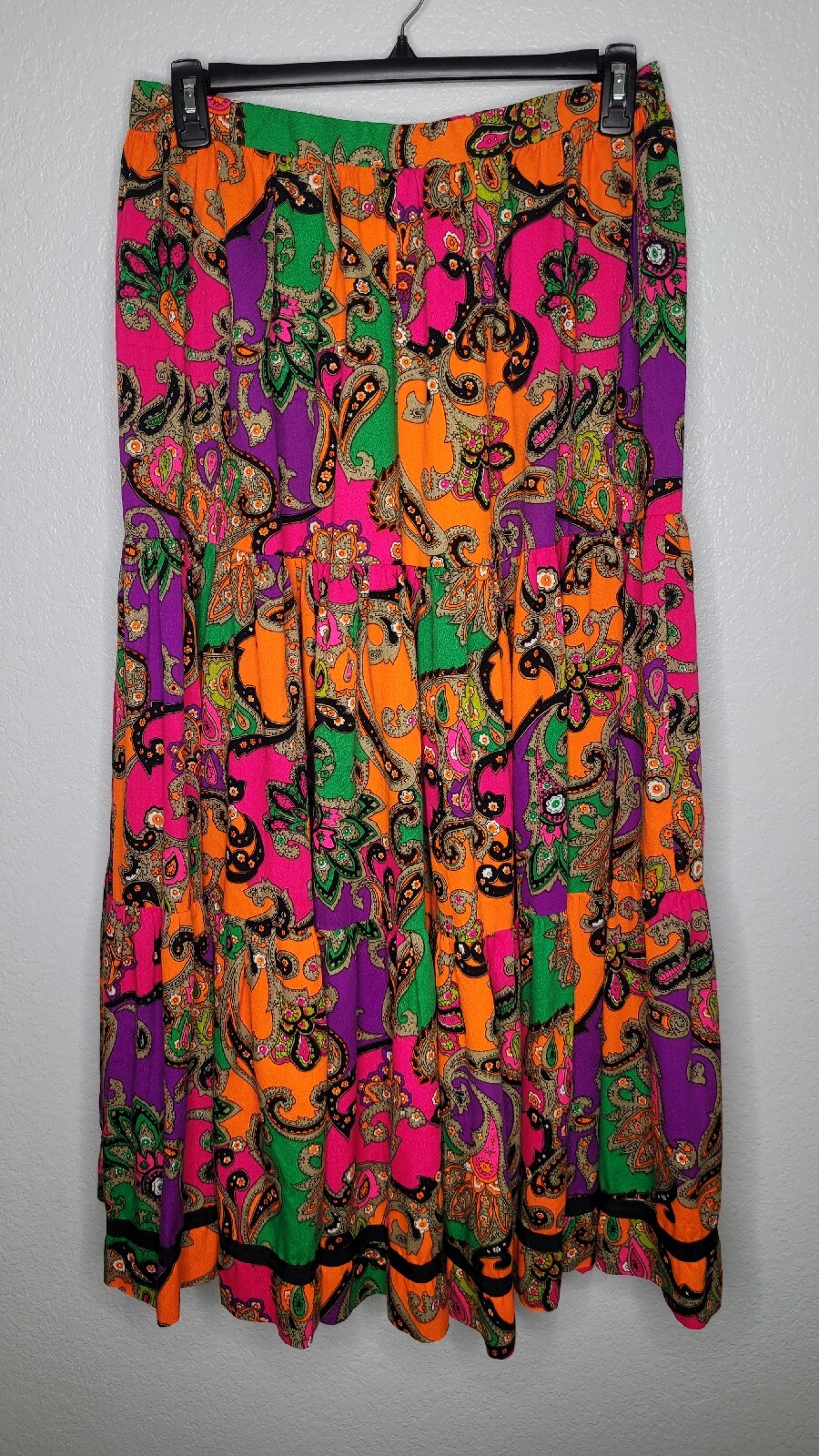 Vintage 1970s Paisley Skirt Women’s Large Neon Boho Hippie Festival Knee Length
