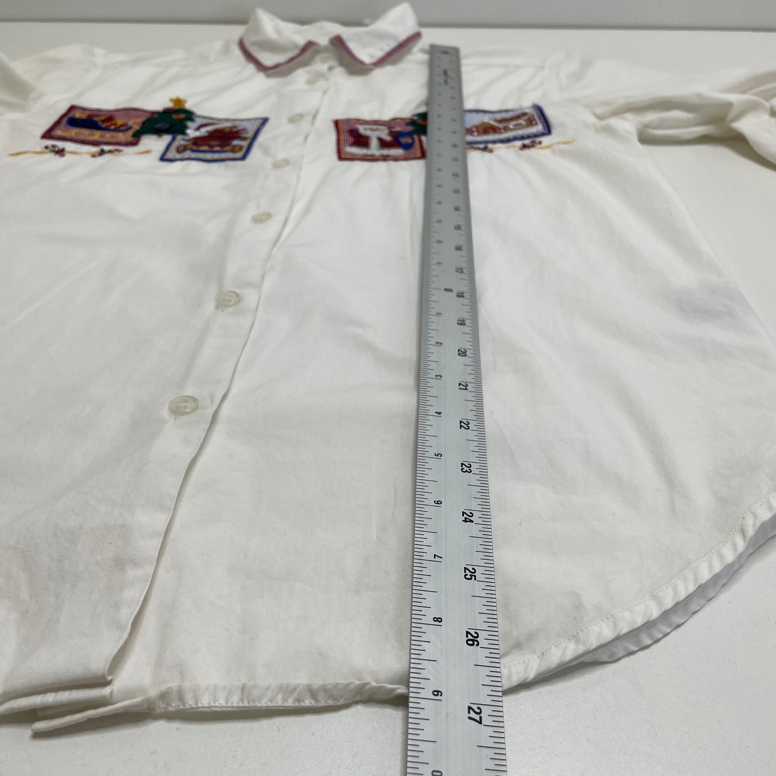 Vtg 90 Christmas Holiday Embroidered Button Down Shirt White Size S Cottage Gram