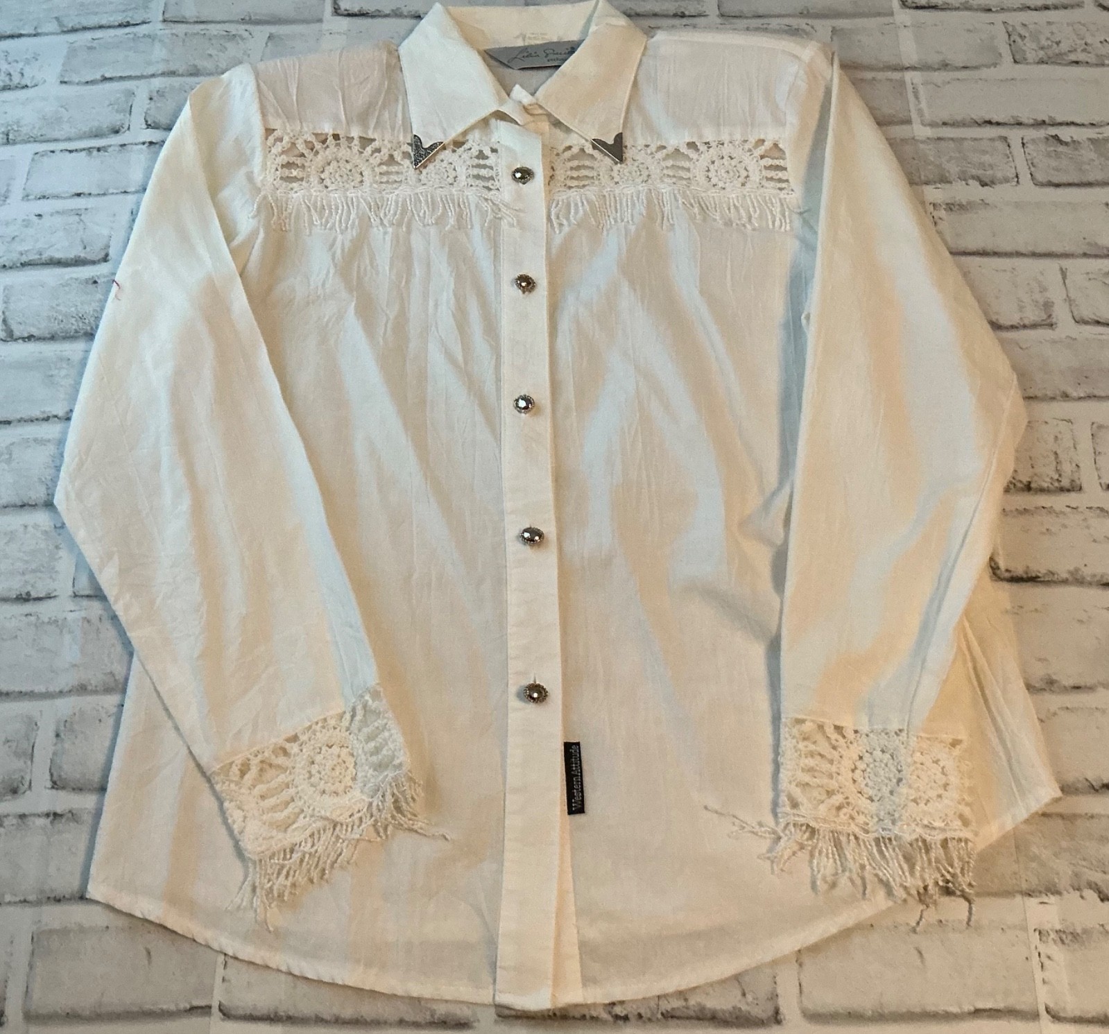 Lilia Smitty White Long Sleeve Medium Western Lace Metallic Bib Shirt 80’s VTG