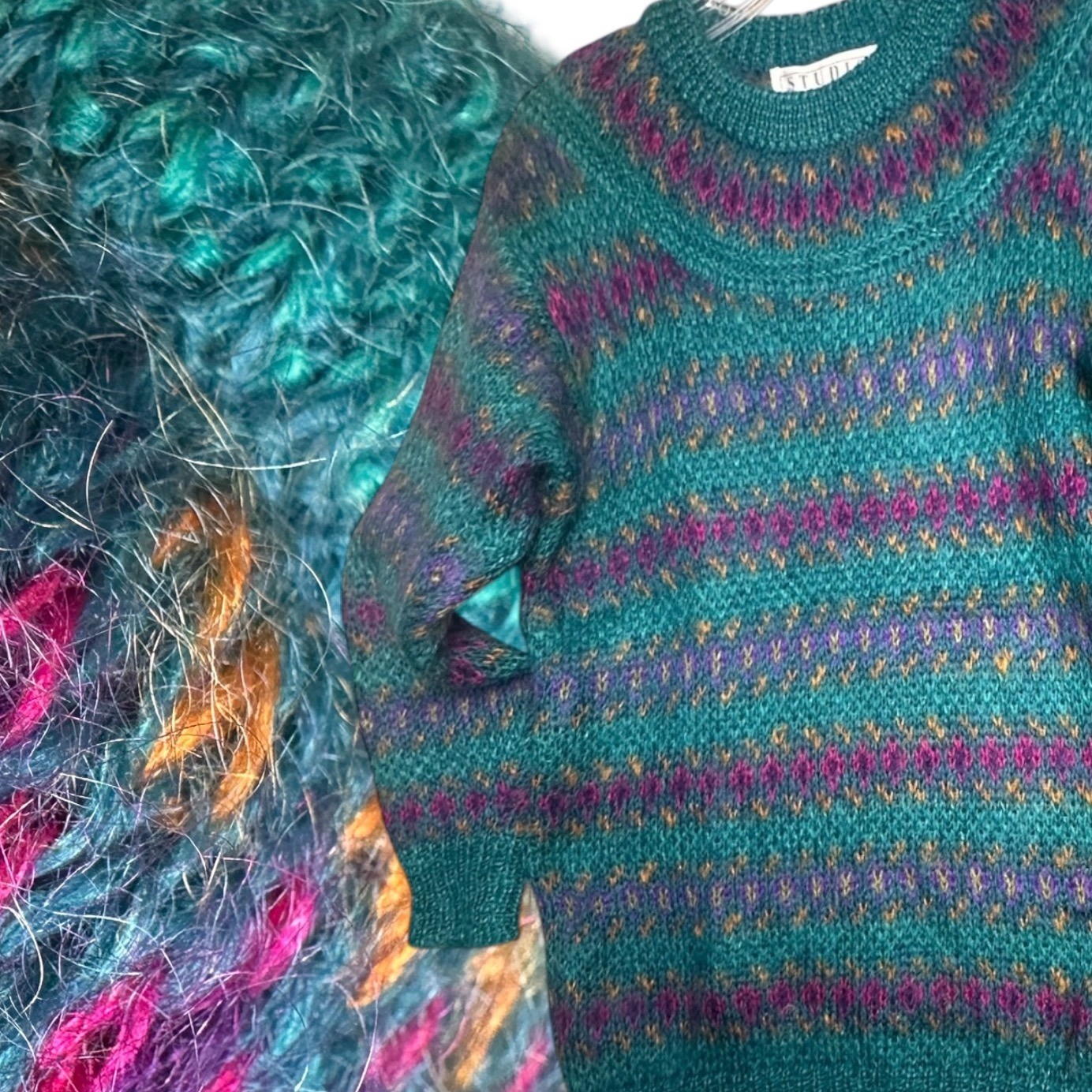 Vtg 80s Michelle Stuart Mohair Wool Fair Isle Sweater Teal Woman Sz M Apres Ski