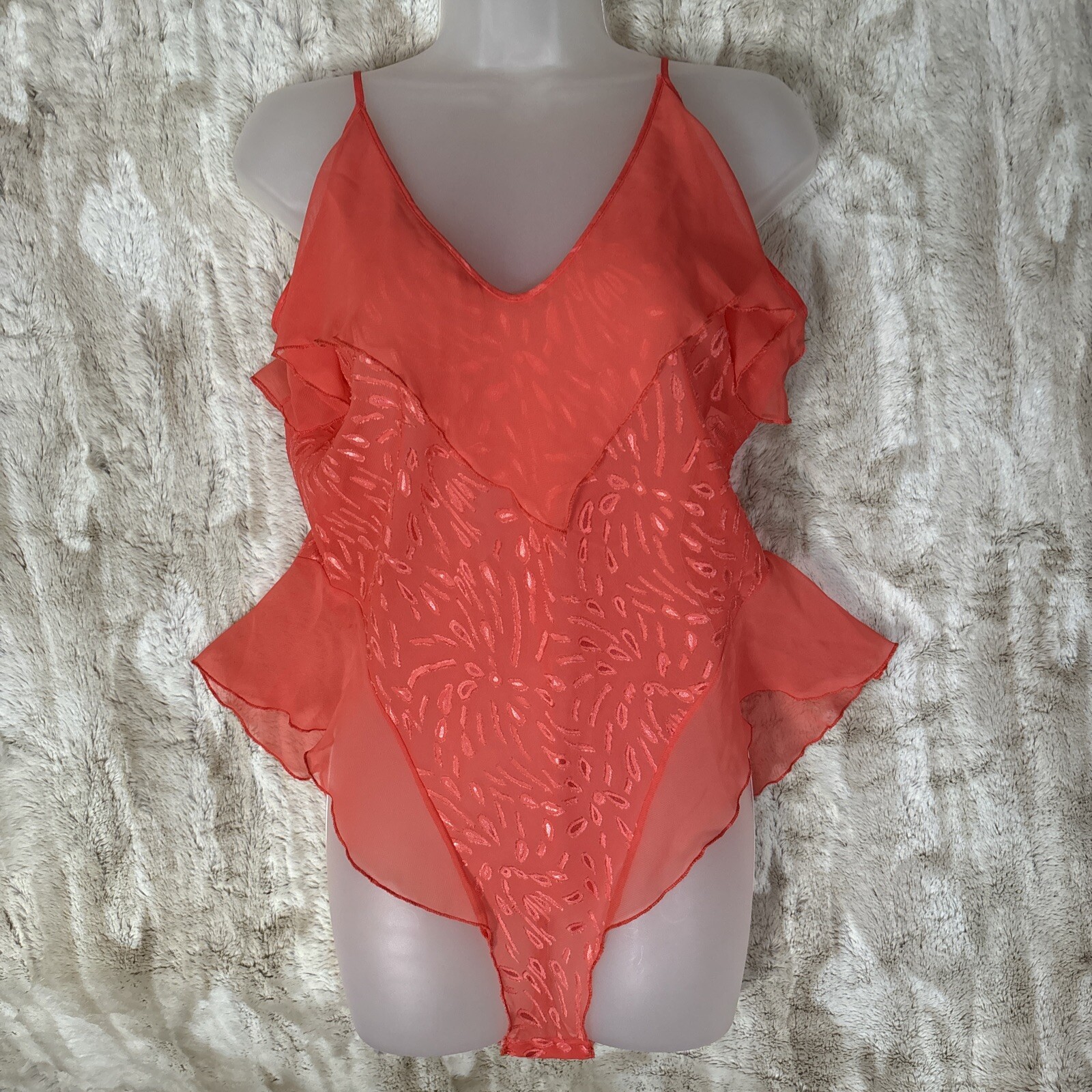 VTG FANTASY LINGERIE CHIFFON Sheer Salmon Coral TEDDY Romper Ruffled Large