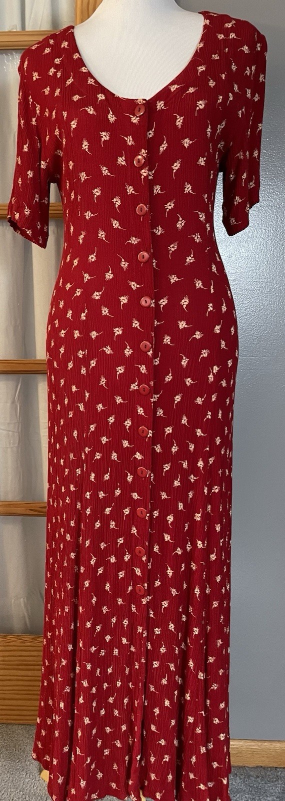Vtg 90’s Norm Thompson Midi Dress Sz Red Floral Button Up Crinkled Boho Cottage