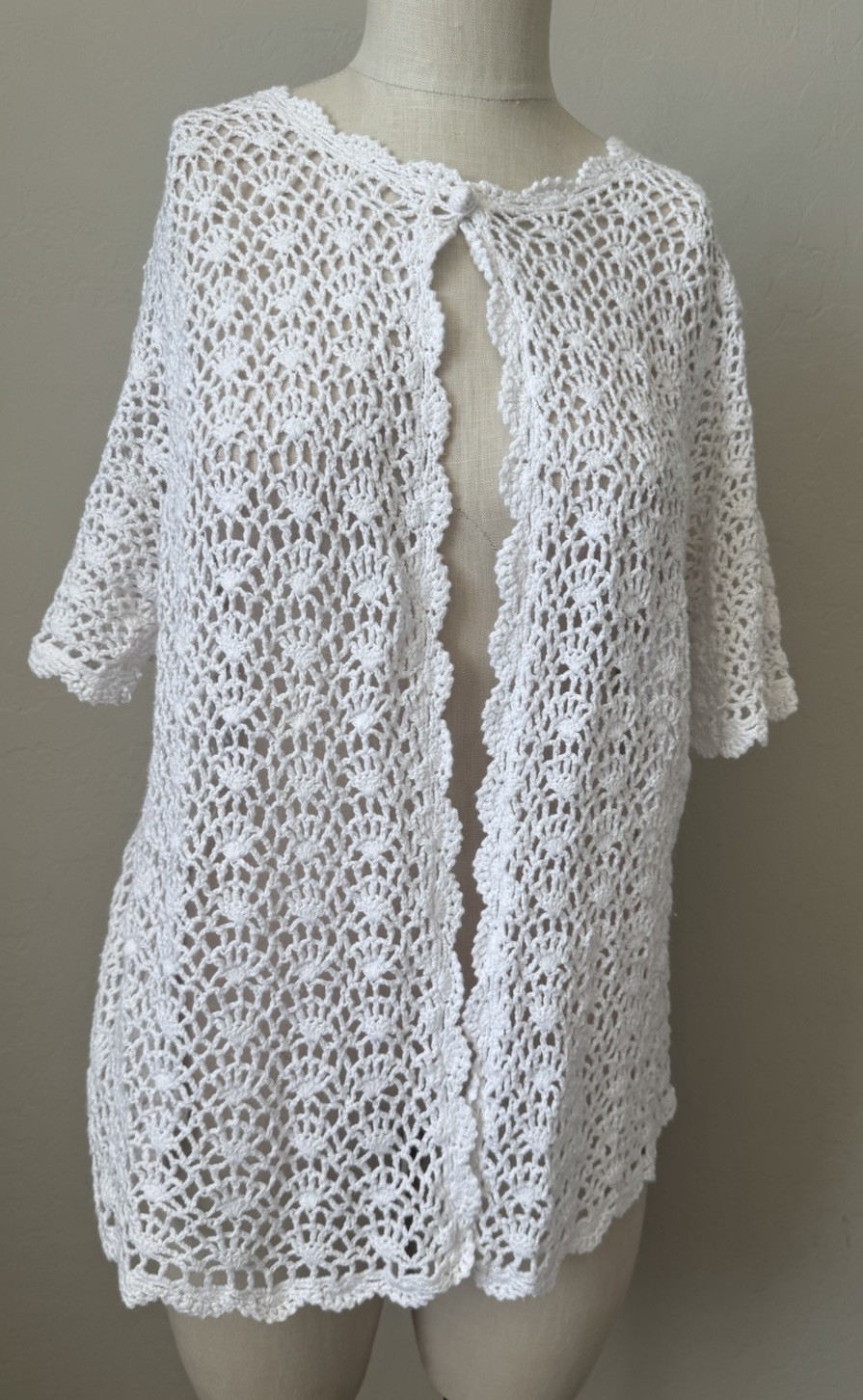 Vintage Crocheted Open Shawl Cardigan 20W XL White SS Boho Hippie Cover Up