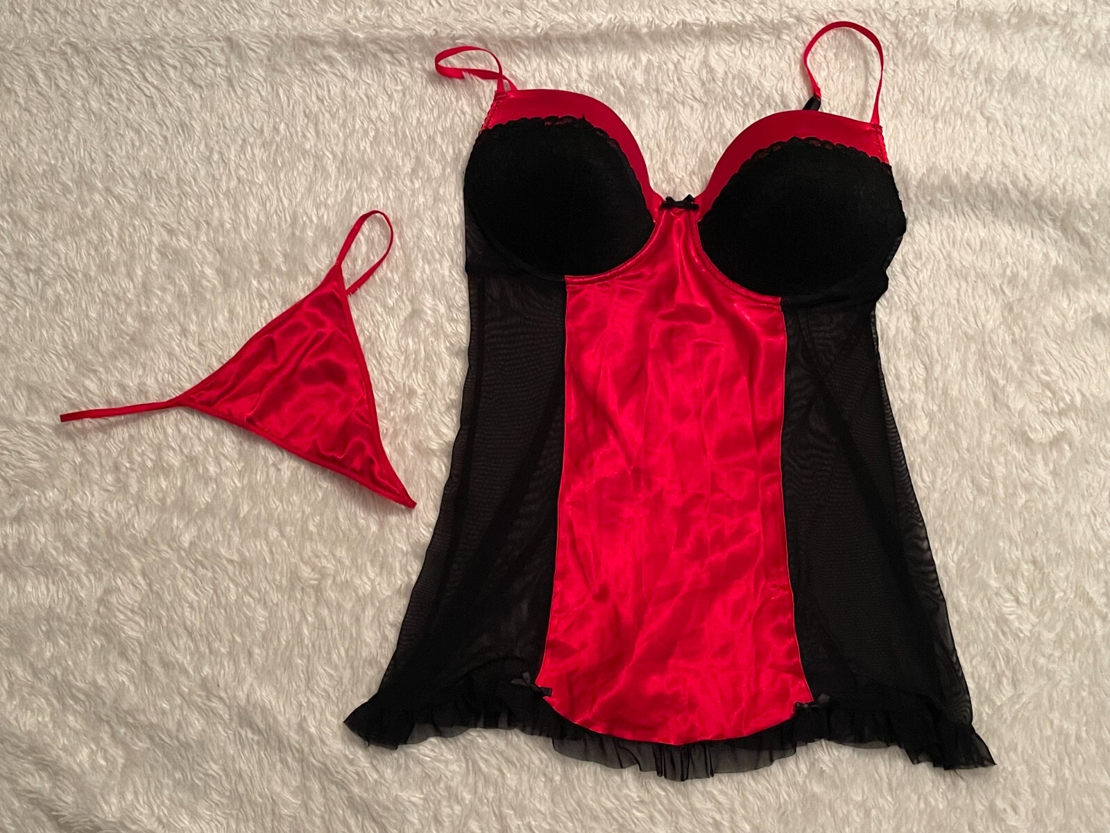 Vtg XL Red SATIN PADDED Babydoll Nightgown &G-STRING PANTY Set Lot 40 Lace Mesh