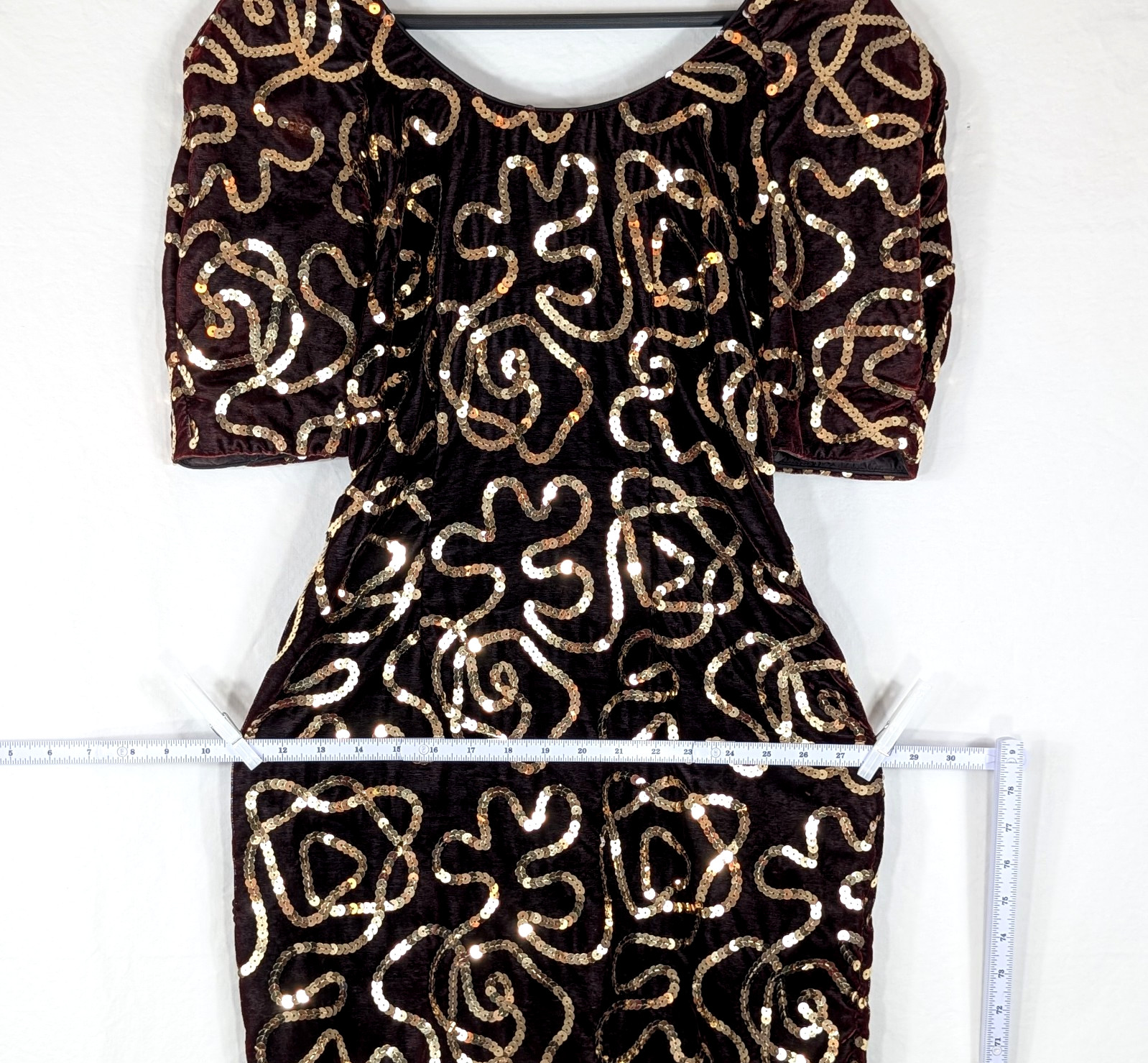 Vtg 80s Midnight Glo Burgundy Velvet Gold Sequin Dress Small Wine Party Cocktail