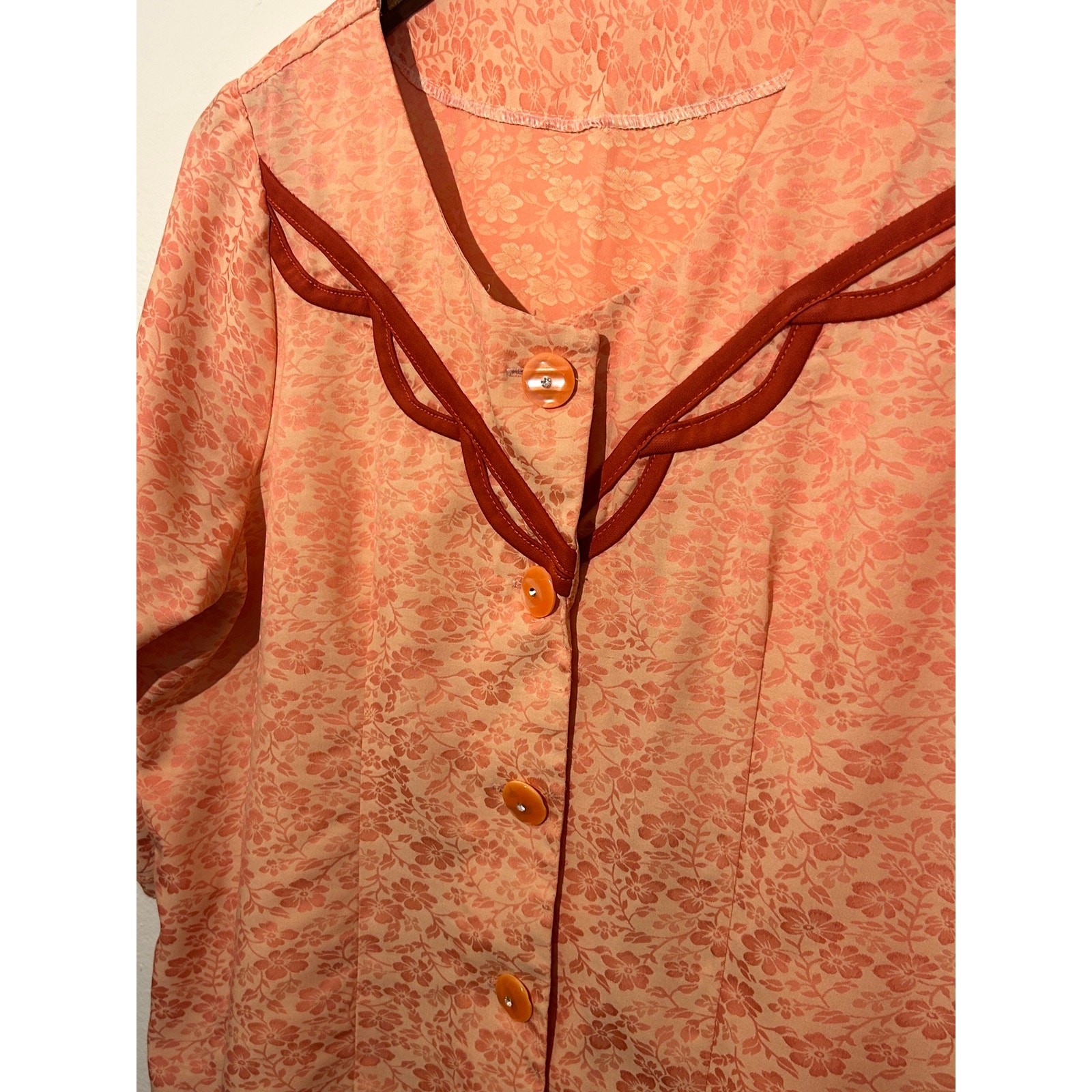 Vintage 1960s 1970s Coral Peach Brocade Blouse Shirt Western Contrast Trim Mod