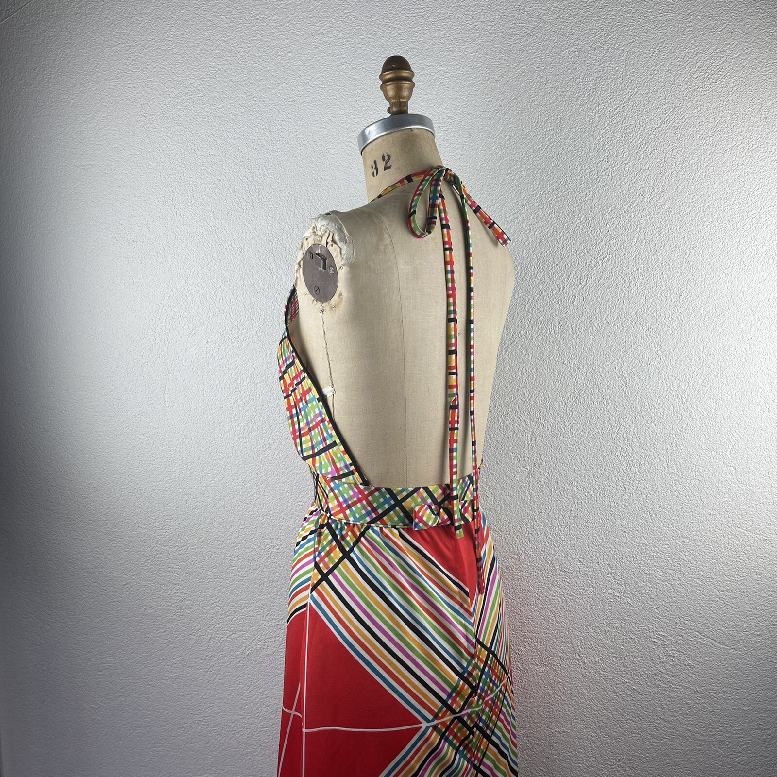 Vintage l 70s S Claire Larabee Colorful Rainbow Plaid Striped Halter Maxi Dress