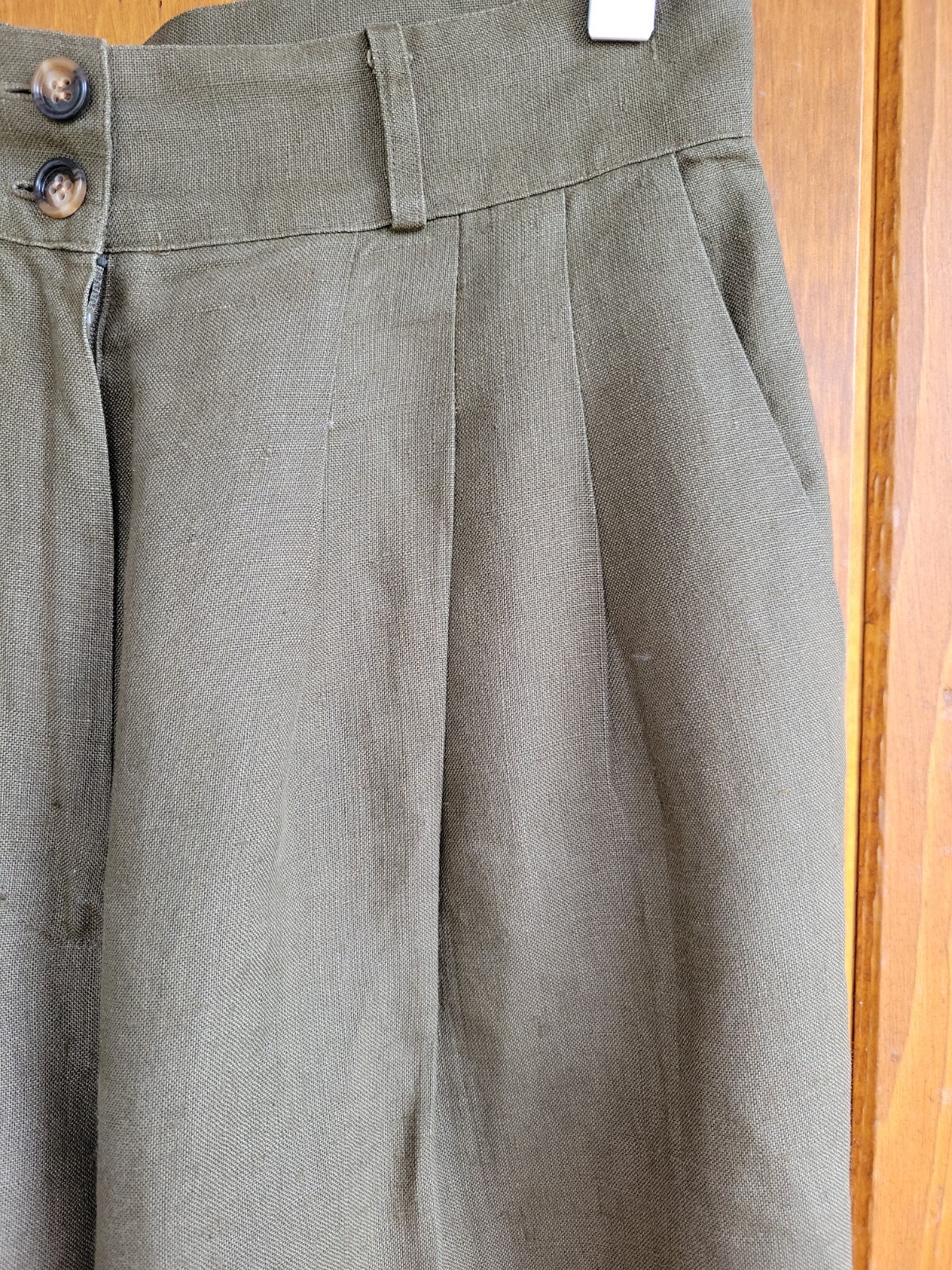 Vintag Lauren Alexandra Sz 8 Olive 100% Linen High Rise Pleated Tapered Trouser