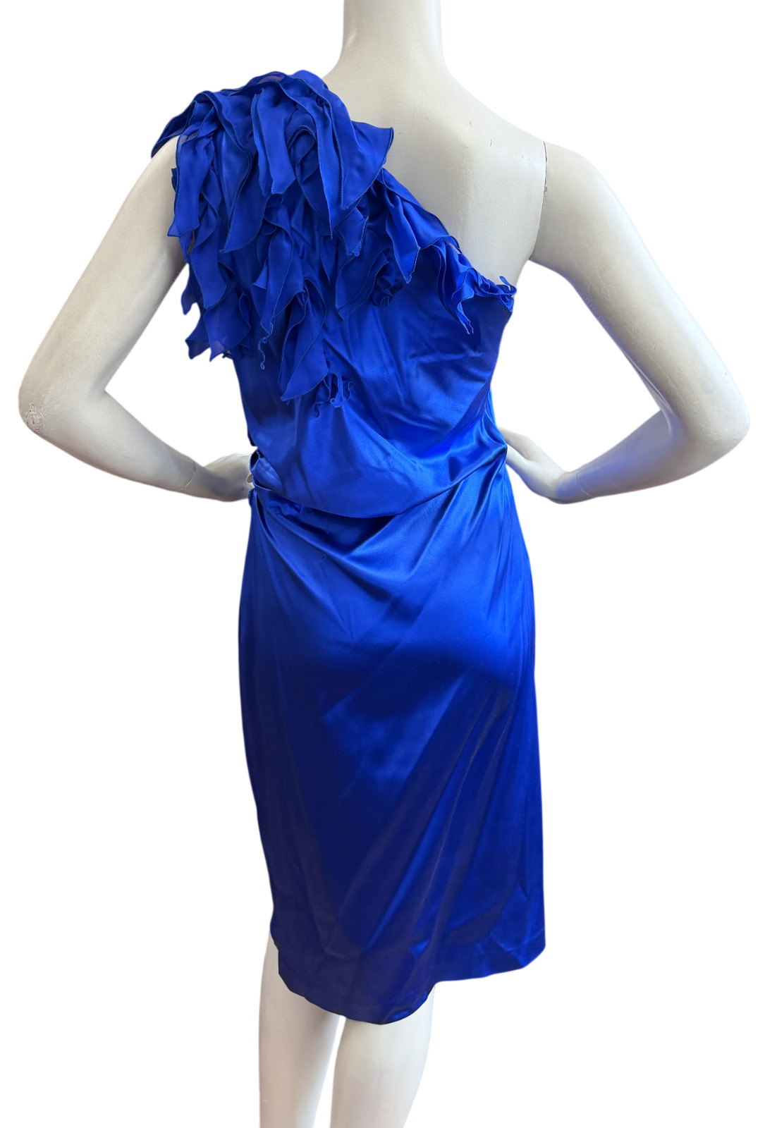 Vintage ROBERTO CAVALLI One Shoulder Silk Dress 46 10 US Blue Ruffle Detail