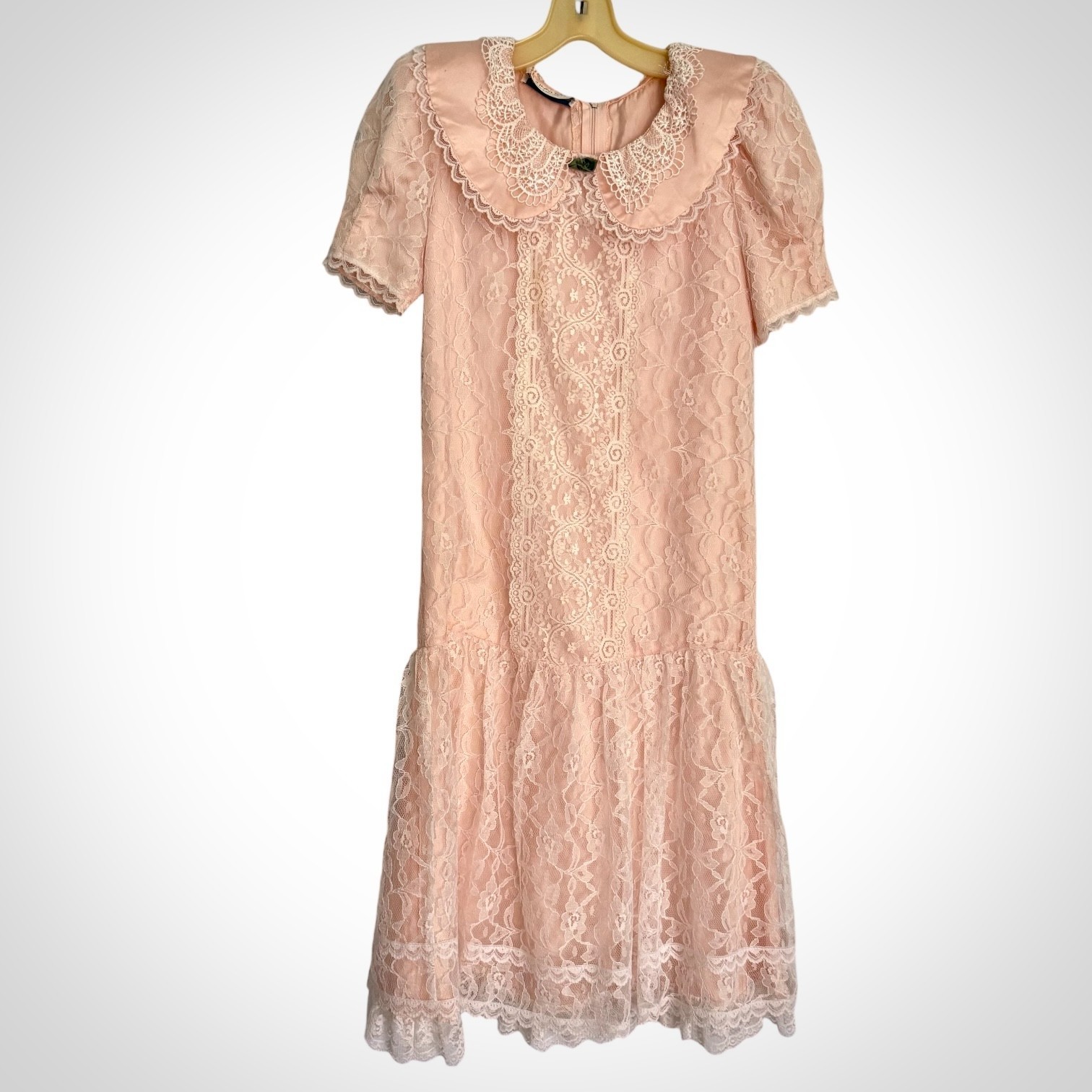 VTG Gunne Sax Girls Peach Blush Lace Party Dress Drop Waist Peter Pan Collar 80s
