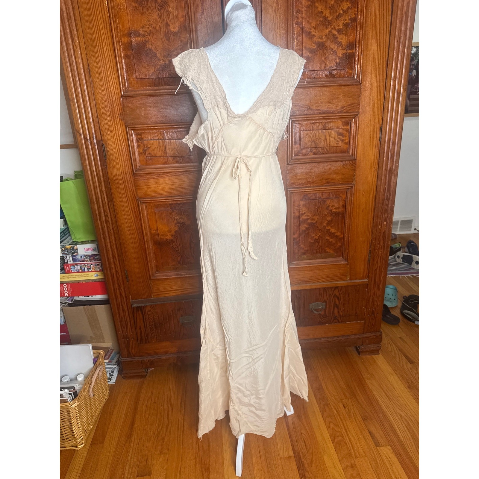 VTG 30s Beige Silk Lace Liquid Bias Cut Maxi Slip Dress Nightgown L As Is