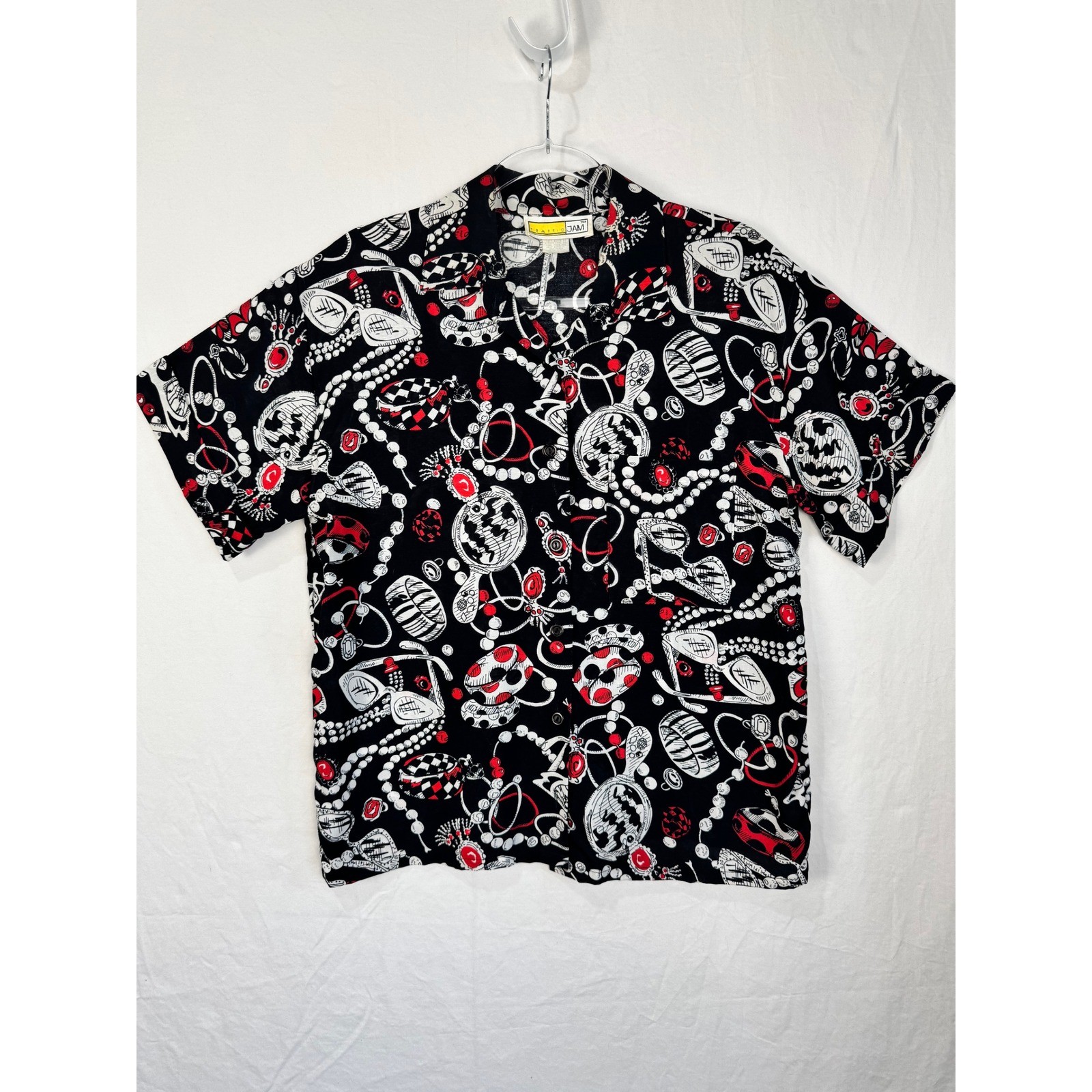 Vtg Traffic Jam Womens 90s Rayon Novelty Jewelry Print Blouse Red Black M