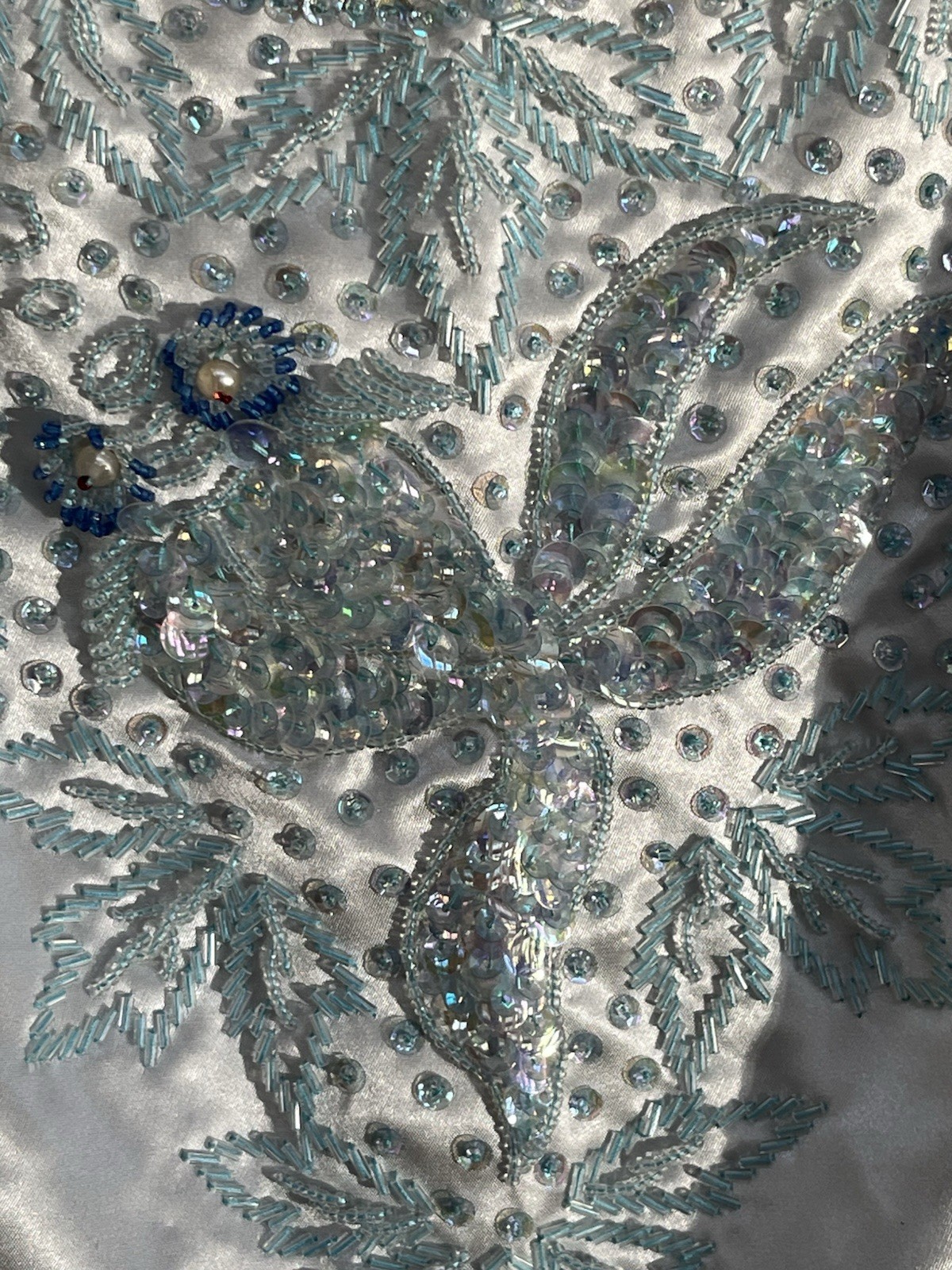 VTG 50/60s Satin Hand Beaded Sequin Light Blue Sheath Dress Sz Small Fish Koi