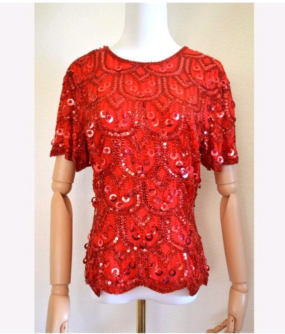 Vintage 1980s Red Beaded Top silk glam party sequin formal evening retro S M
