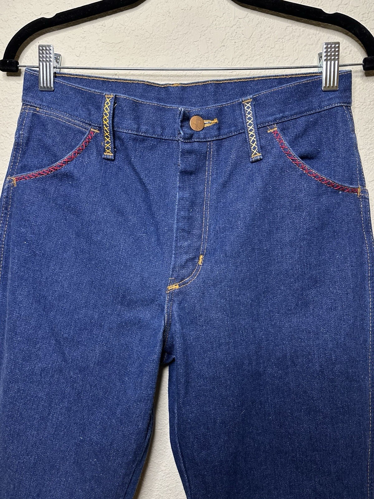 NOS 70s Vintage Hand Embroidered Wrangler No Fault Bootcut USA Denim Jeans 28×29