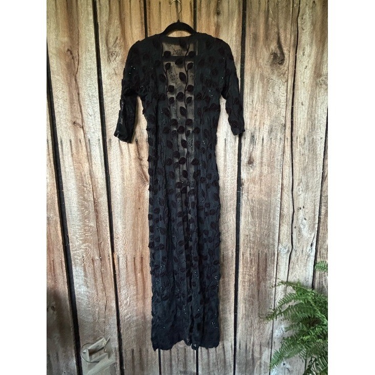 Vintage Black Sheer Duster Leaf Velvet Witchy Goth Beaded Maxi Open Front 59″