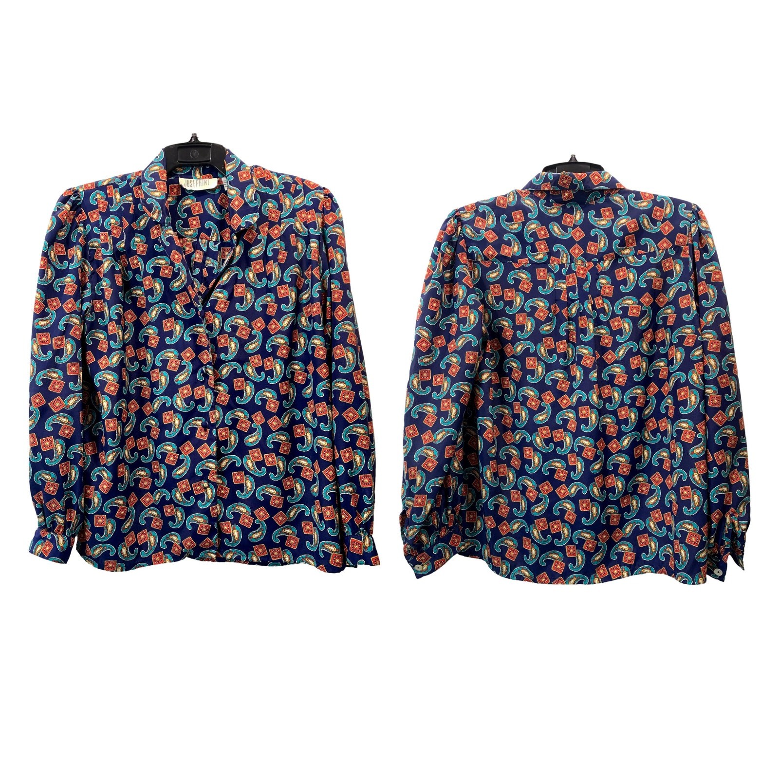 80s Silky Paisley Print Blouse Blue Teal Red Gold Josephine Size 6