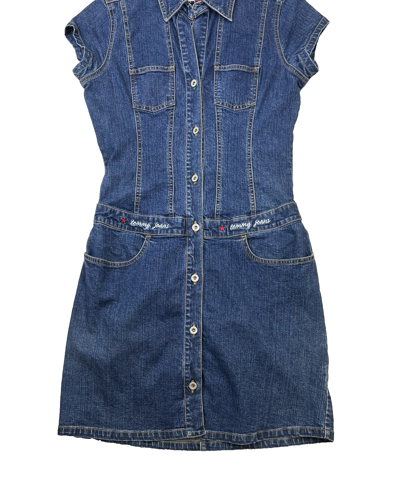 Vtg 90s Y2K Tommy Hilfiger S/S Denim Dress Womens Sz M Drop Waist Button Front