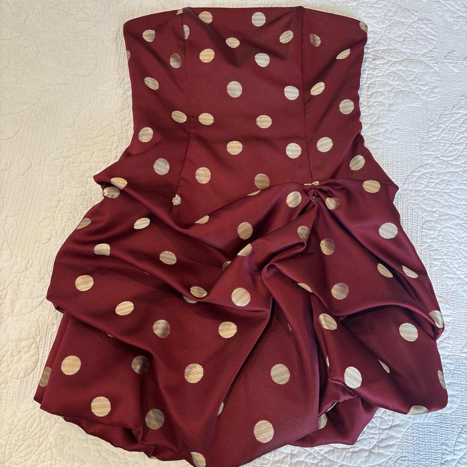 VTG Jessica McClintock Strapless Polka Dot Dress Burgundy Gold USA 1990s Y2K
