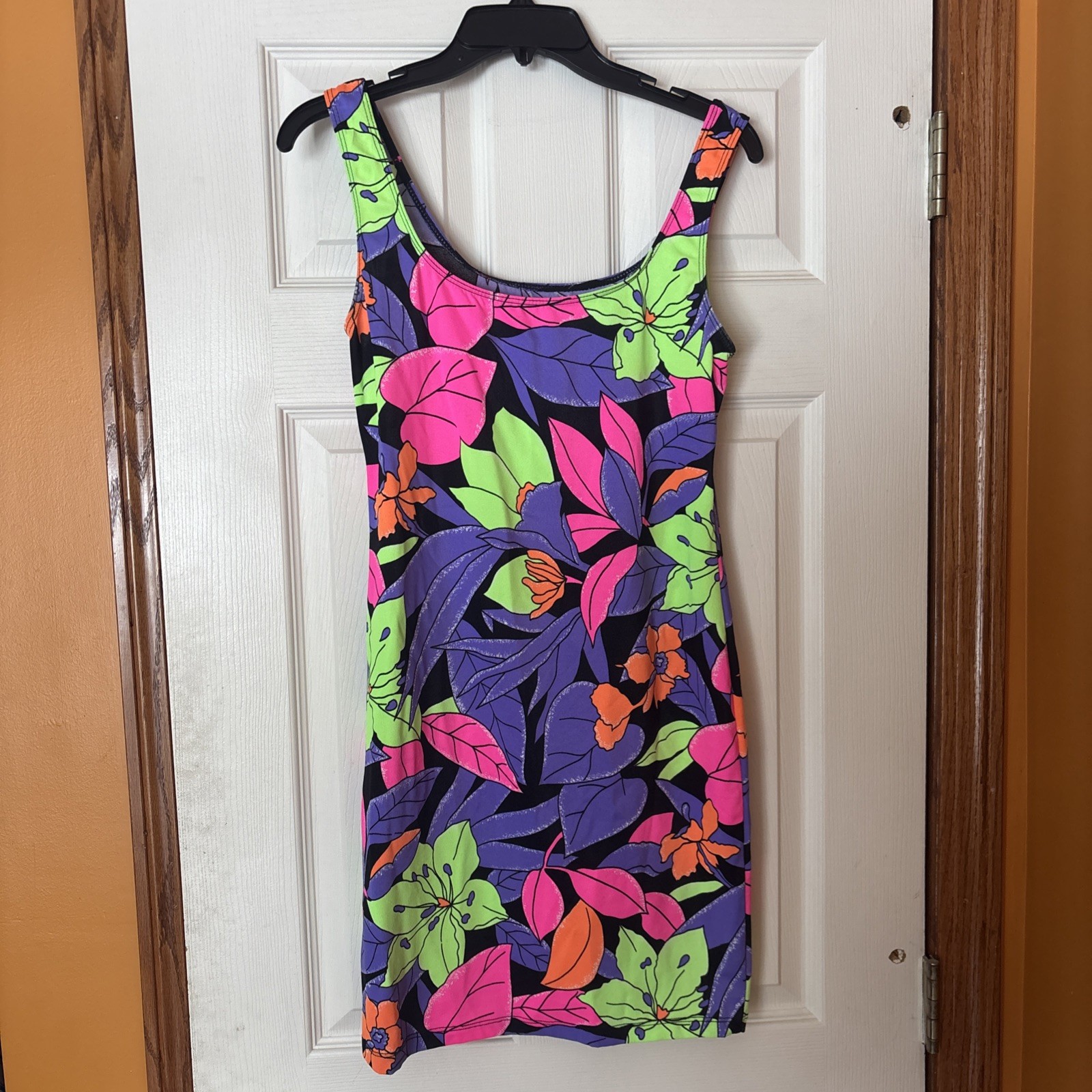 VTG Carabella Neon Dayglow Floral Minidress Coverup Spandex Nylon – Size Medium
