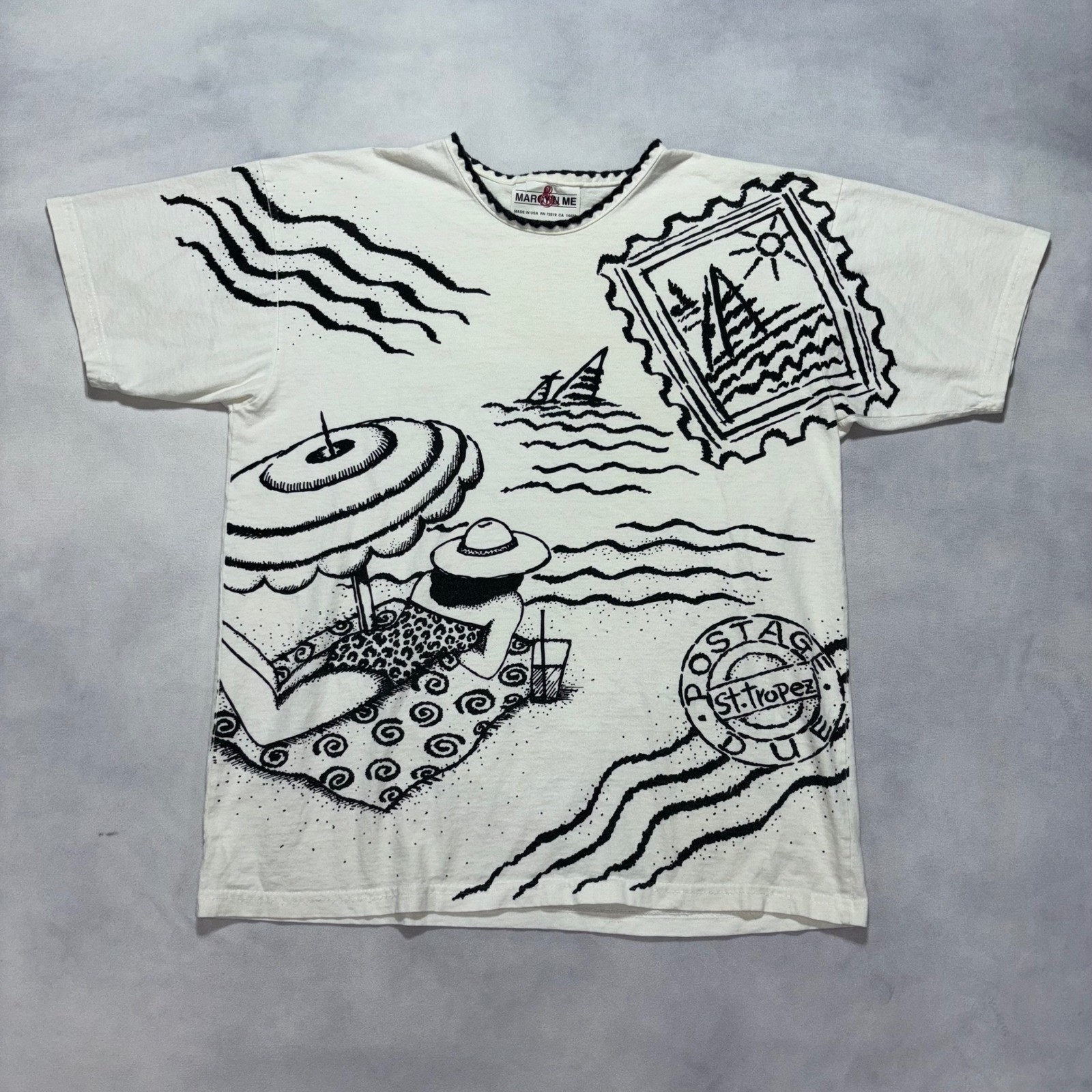 Vintage 90s Beach Art Graphic T-Shirt Size Large White St Tropez Made in USA